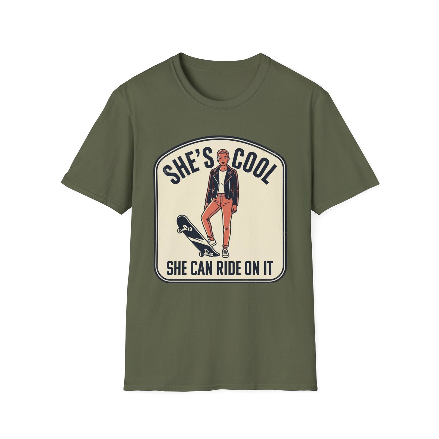 She's Cool Skateboarder T-Shirt — "She's Cool, She Can Ride On It" Retro Graphic Tee
