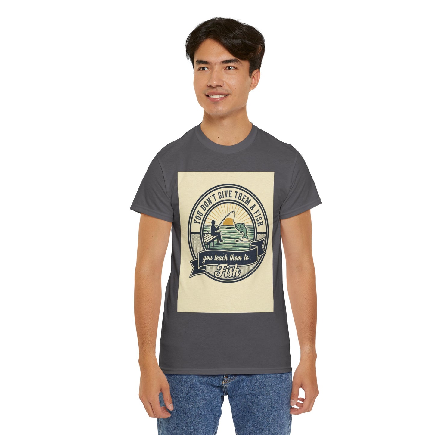 Fishing Vintage Badge T-Shirt — "You Don’t Give Them a Fish, You Teach Them to Fish" Graphic Tee