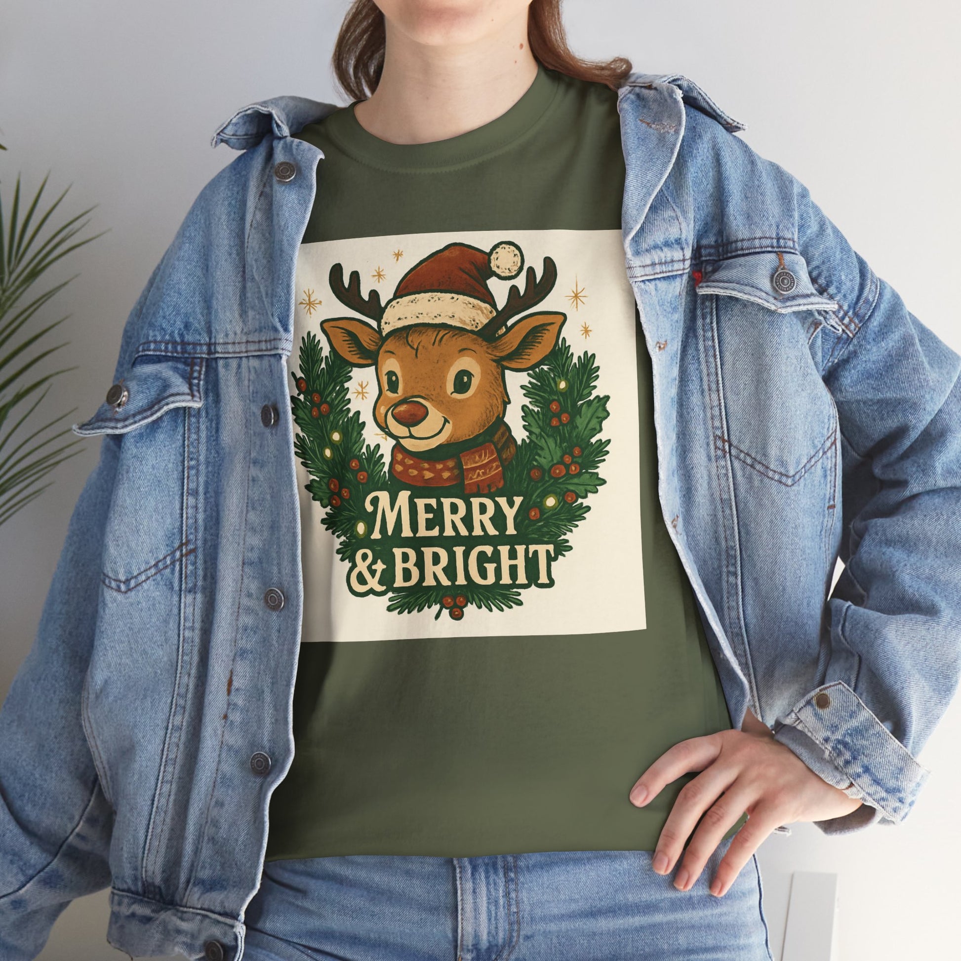 Merry & Bright Reindeer Christmas T-Shirt Printify
