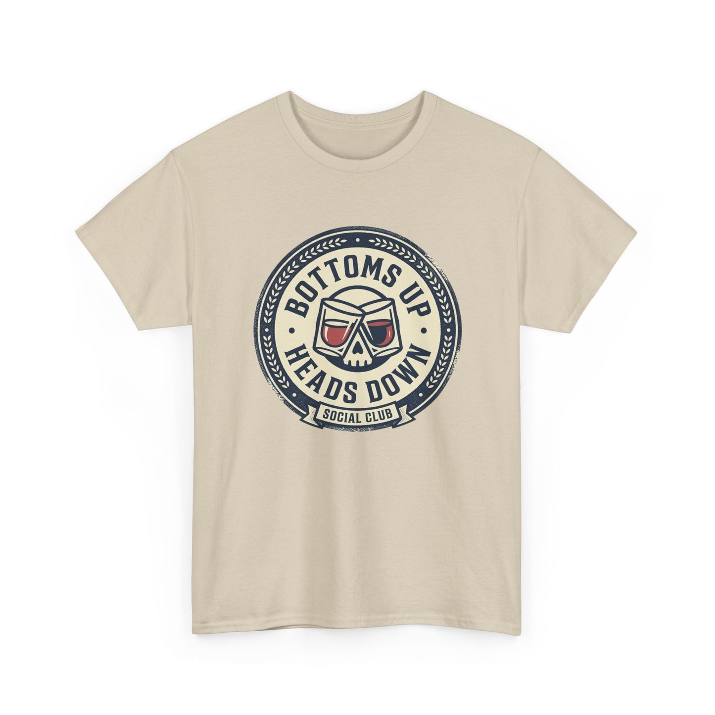 "Bottoms Up Heads Down" Skull Beer Logo Tee