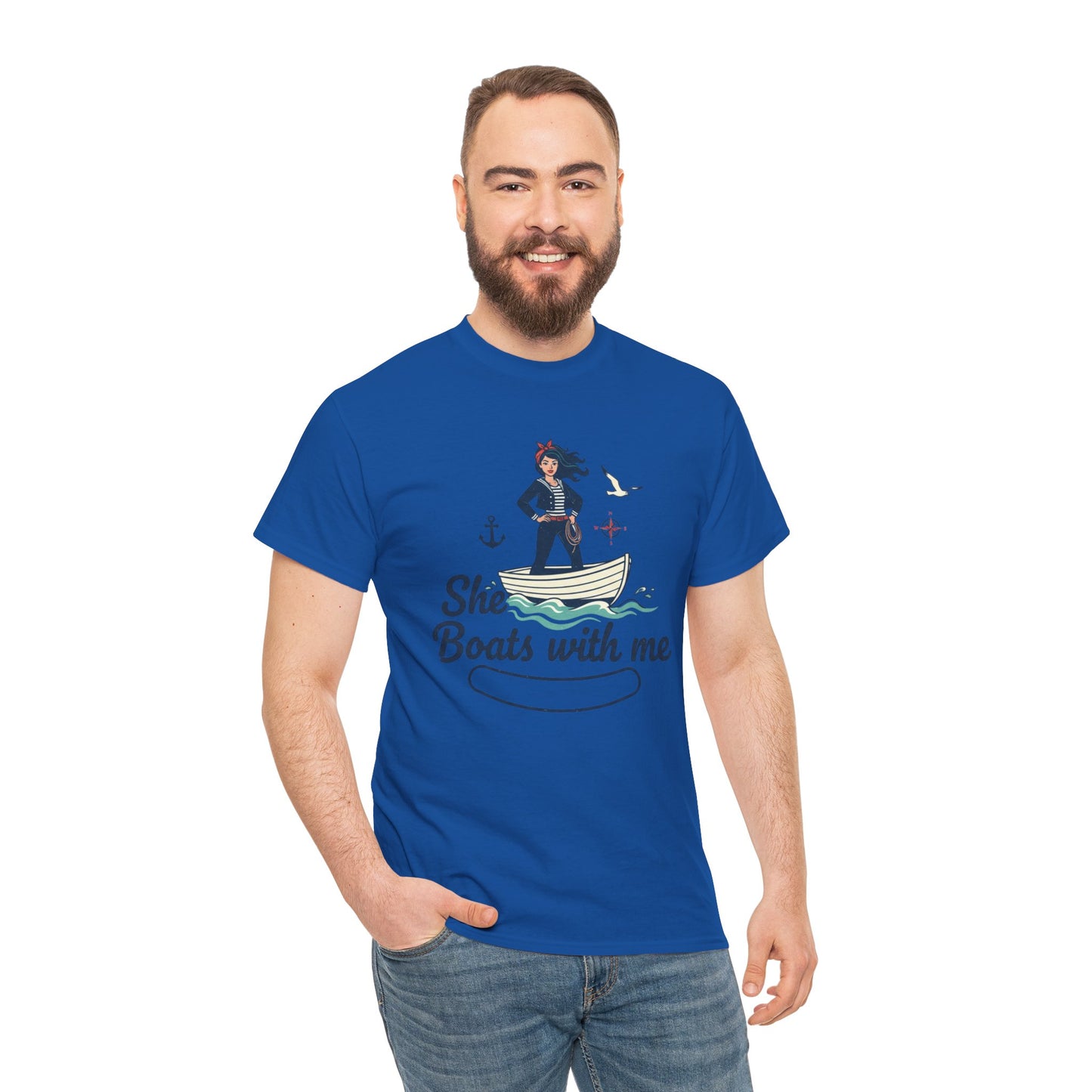 T-Shirt — "She Boats With Me" Nautical Couple Tee Printify
