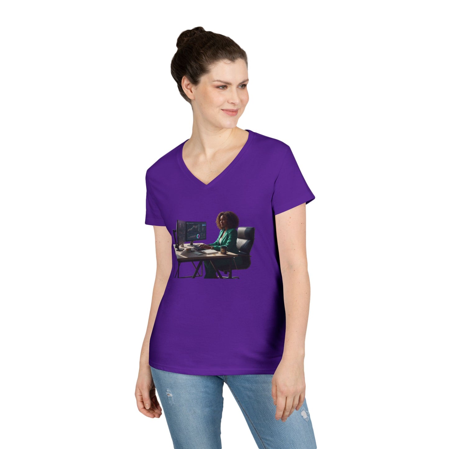 Programmer at Work V-Neck Tee — Female Coder Graphic Shirt