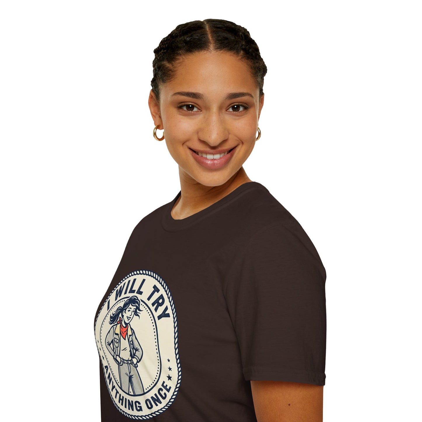 I Will Try Anything Once T-Shirt — Retro Adventurous Vintage Badge Tee