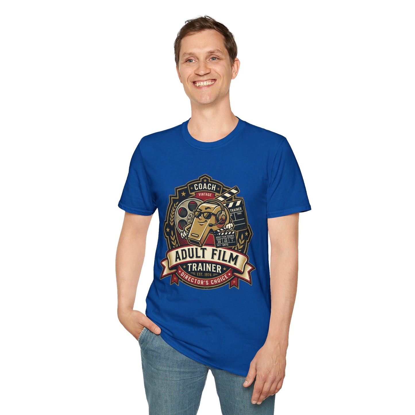 Adult Film Trainer T-Shirt — Vintage Director’s Coach Movie Reel Tee Printify
