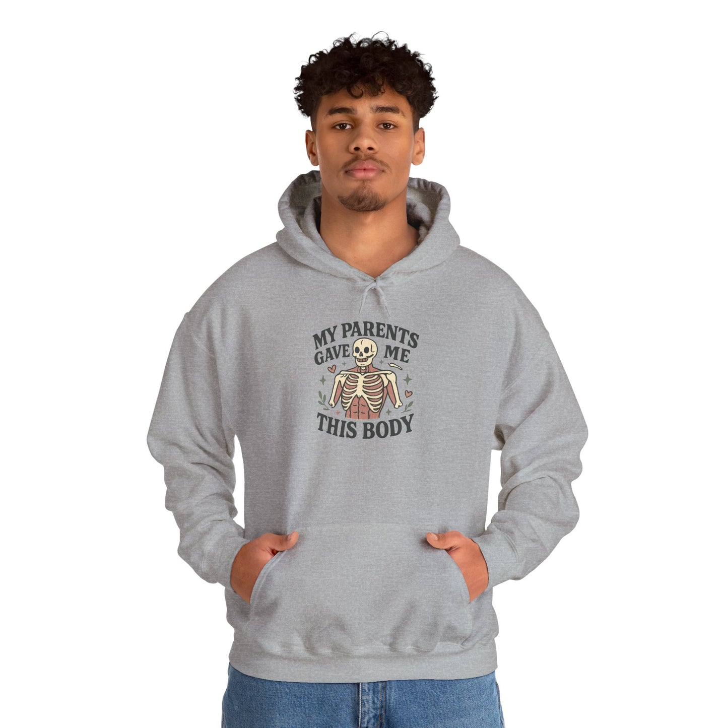 Skeleton Graphic Hoodie — "My Parents Gave Me This Body" Funny Halloween Pullover