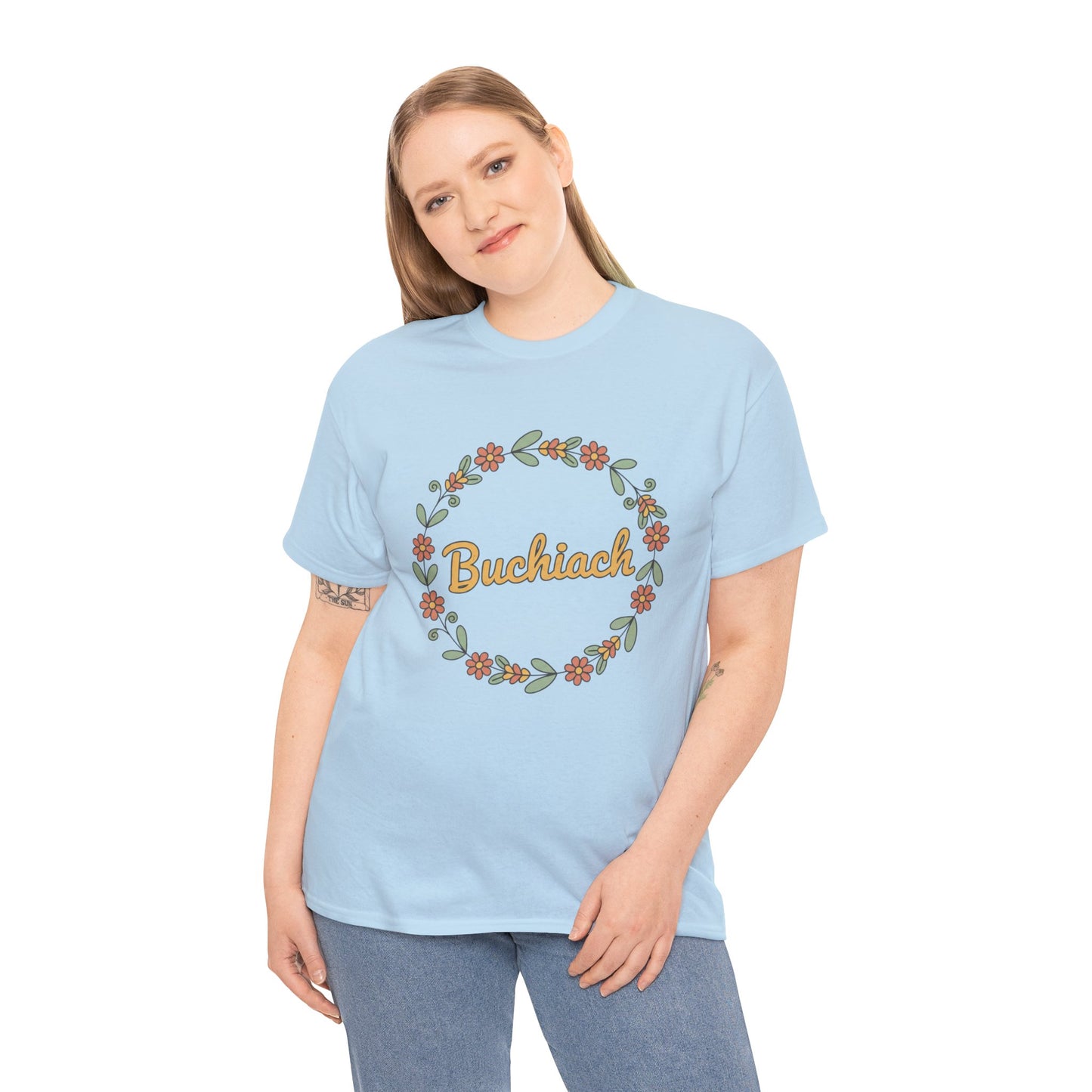 Buchiach Floral Wreath T-Shirt — Retro Script Garden Tee Printify