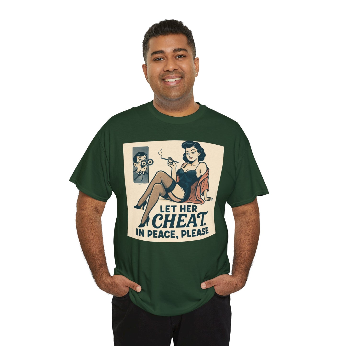 T-Shirt — Vintage Pinup “Let Her Cheat in Peace, Please” Graphic Tee