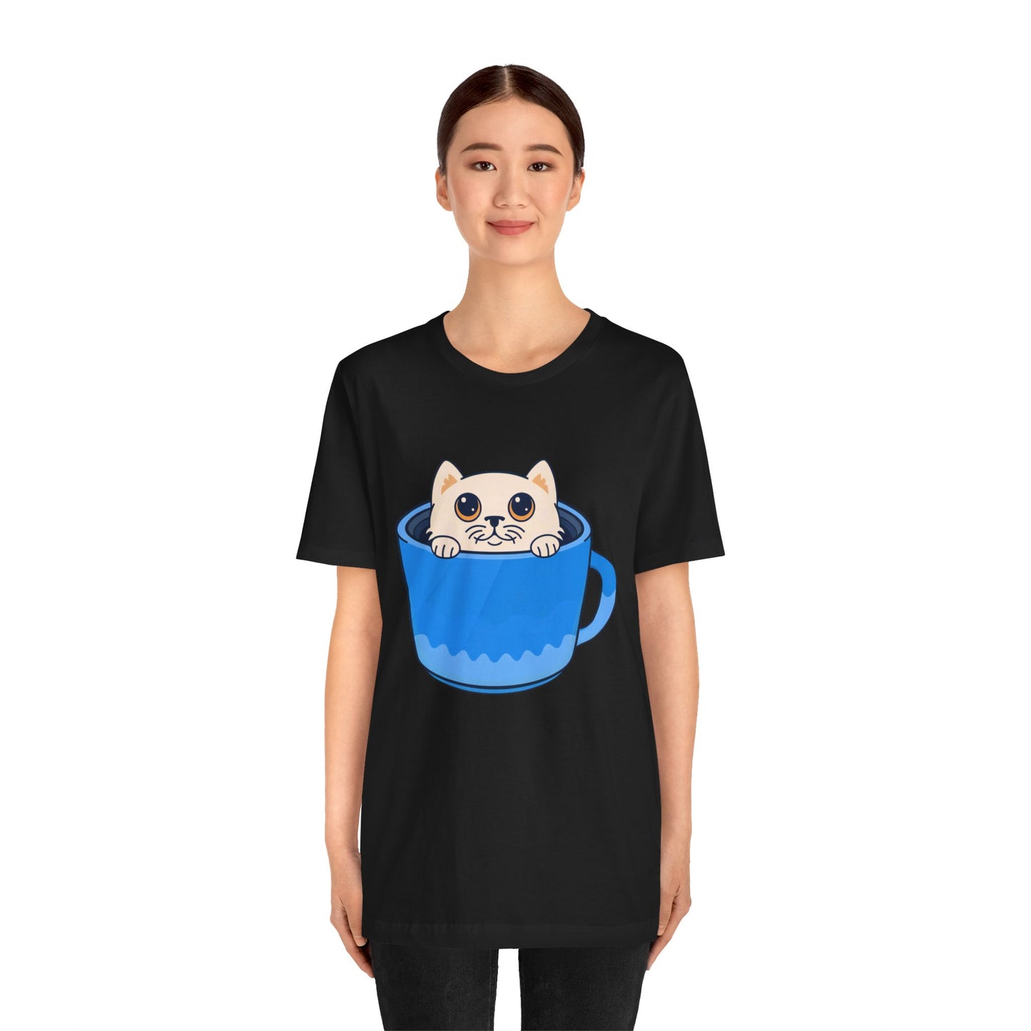 Cat in a Blue Mug T‑Shirt — Cute Kawaii Kitten Tee