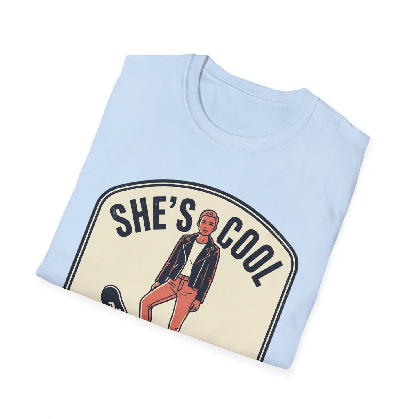 She's Cool Skateboarder T-Shirt — "She's Cool, She Can Ride On It" Retro Graphic Tee