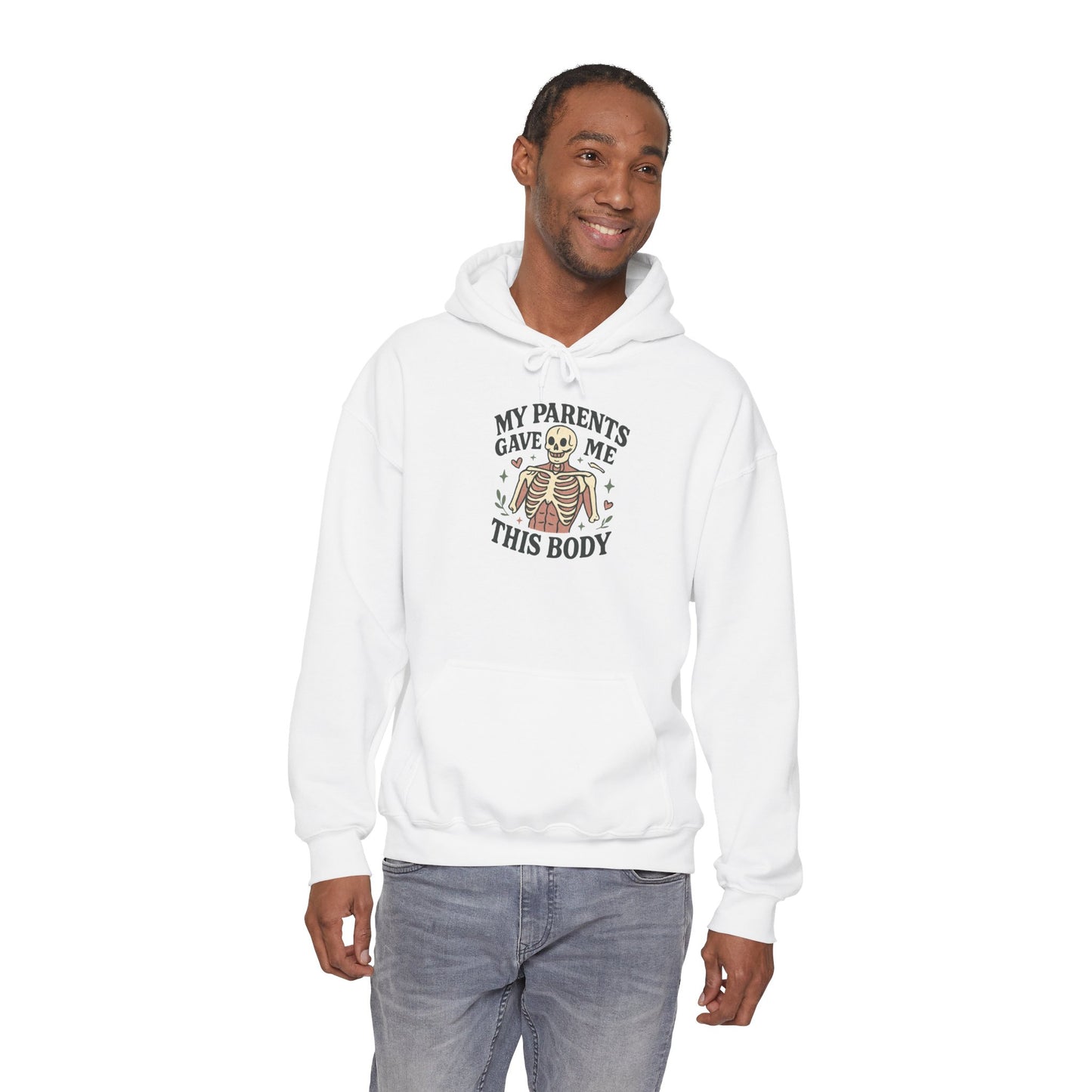 Skeleton Graphic Hoodie — "My Parents Gave Me This Body" Funny Halloween Pullover