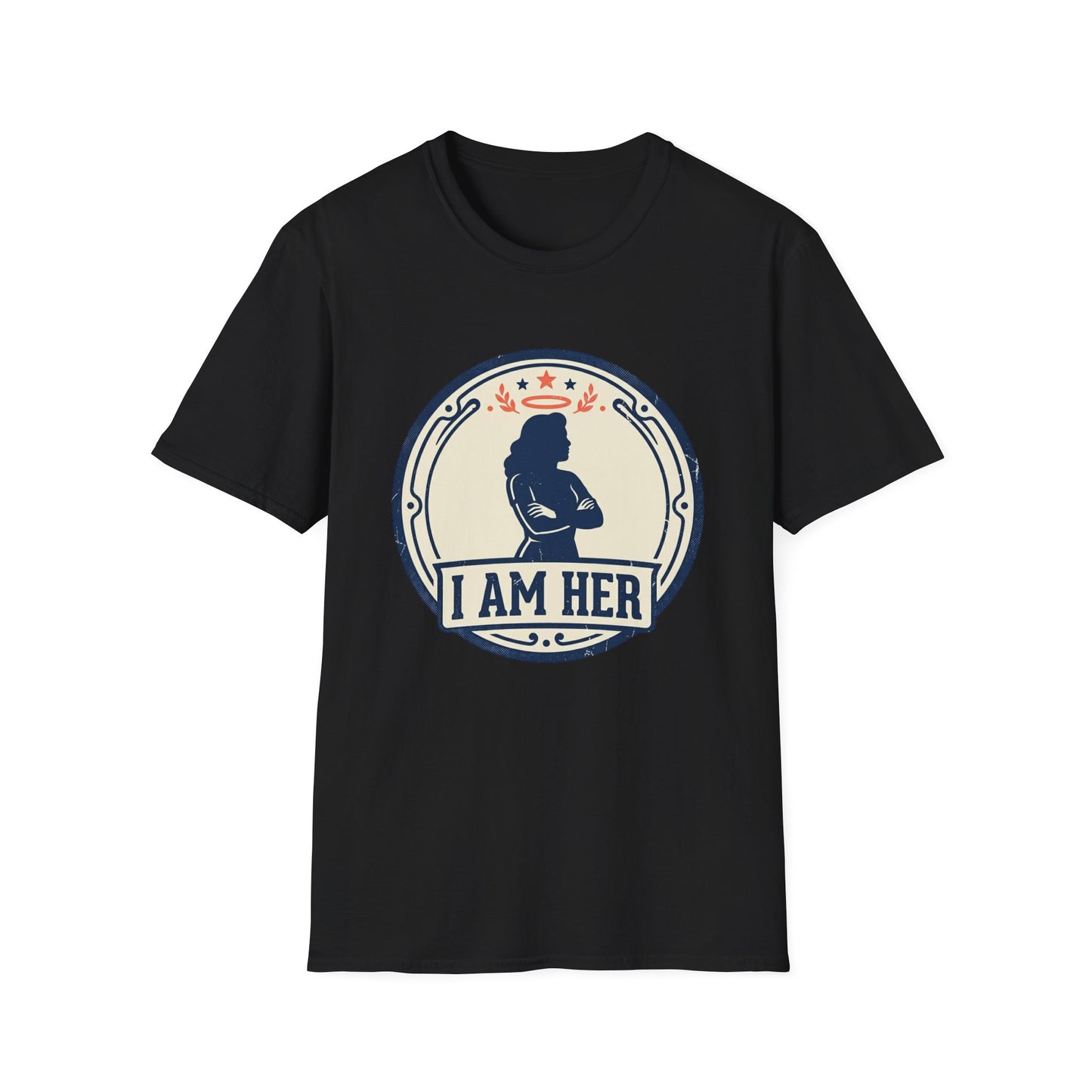 I Am Her Women’s T-Shirt — Empowering Mom & Woman Pride Vintage Badge Tee
