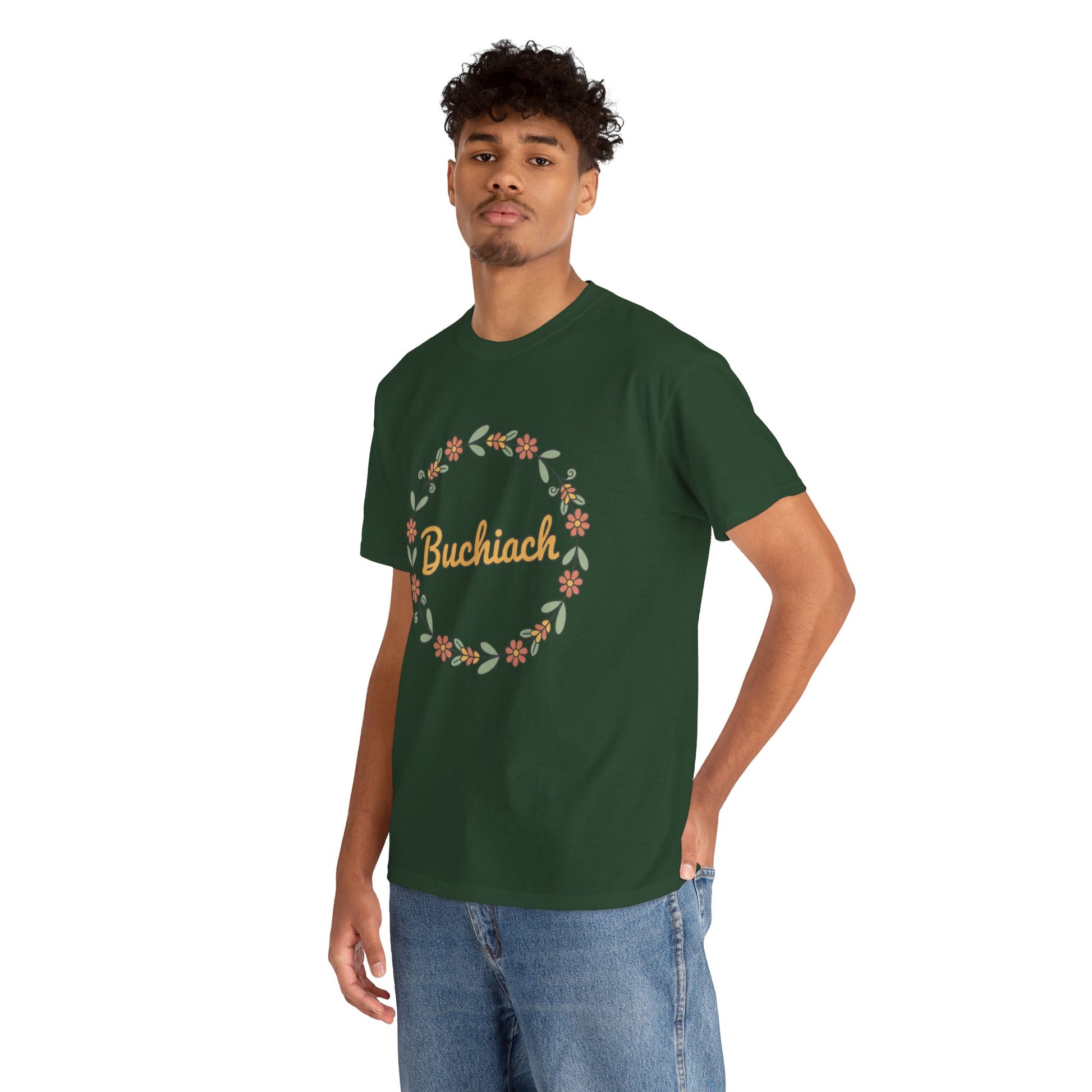 Buchiach Floral Wreath T-Shirt — Retro Script Garden Tee Printify