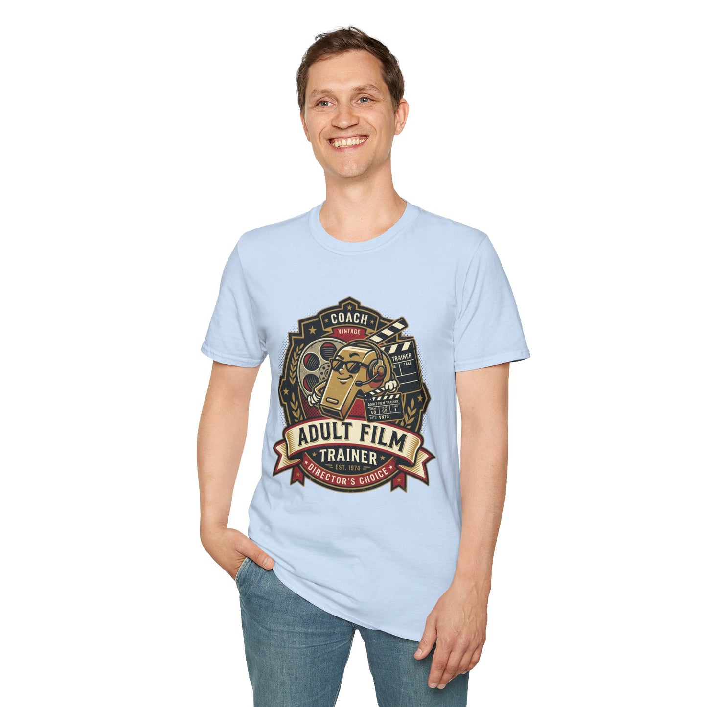 Adult Film Trainer T-Shirt — Vintage Director’s Coach Movie Reel Tee Printify