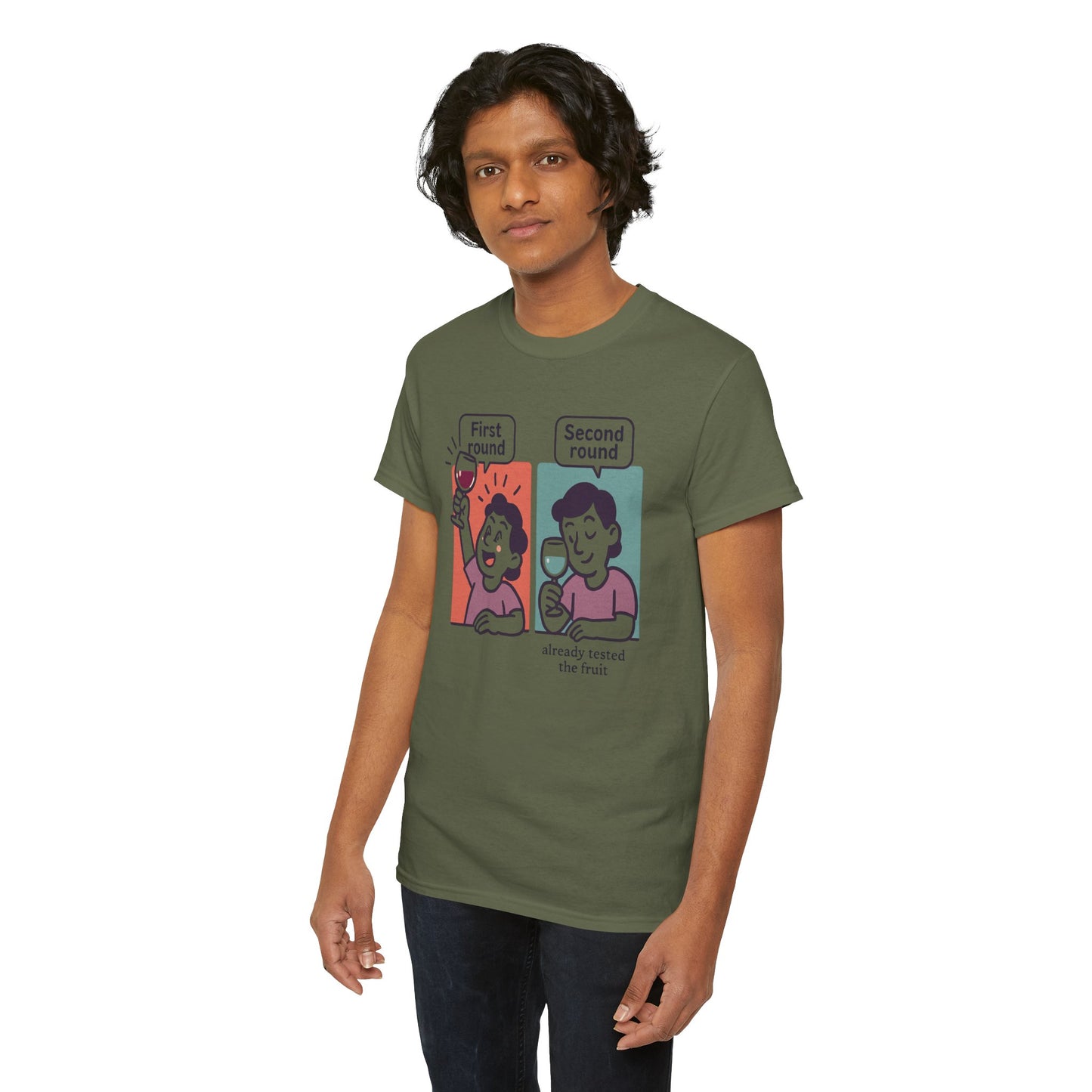 T-Shirt — "First round / Second round: already tasted the fruit" Comic Graphic Tee