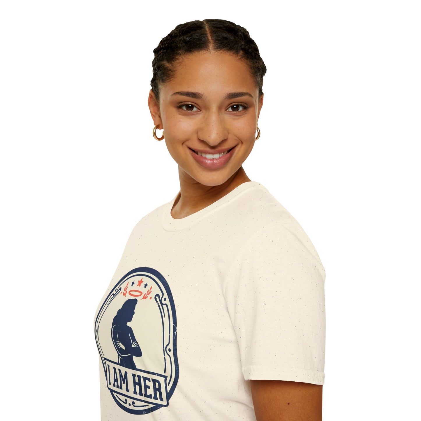 I Am Her Women’s T-Shirt — Empowering Mom & Woman Pride Vintage Badge Tee
