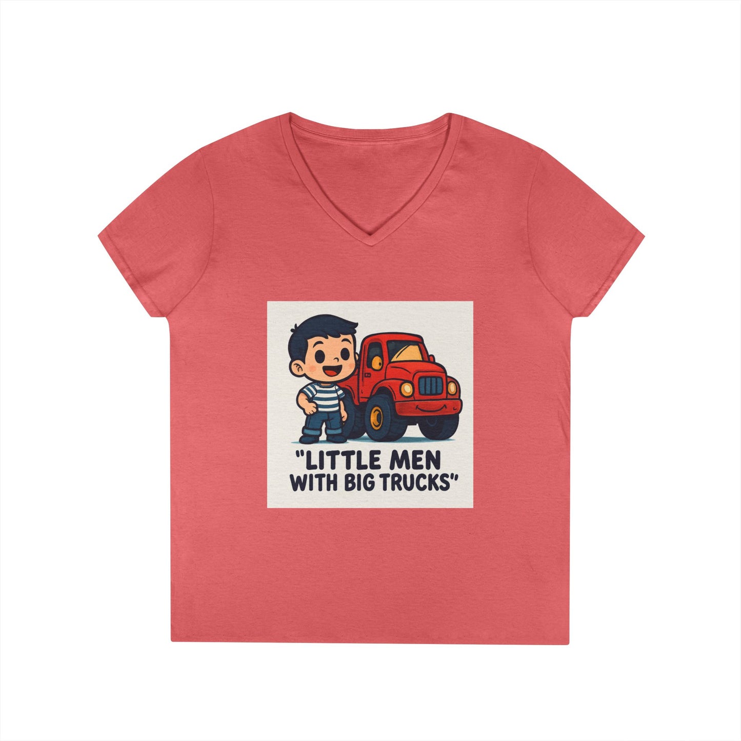 Ladies' V-Neck T-Shirt — "Little Men with Big Trucks" Cute Retro Truck Tee for Kids & Moms Printify