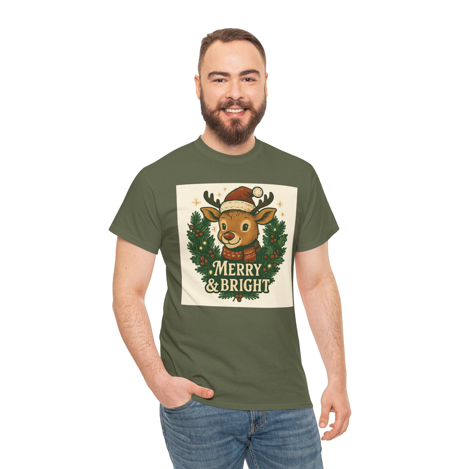 Merry & Bright Reindeer Christmas T-Shirt Printify