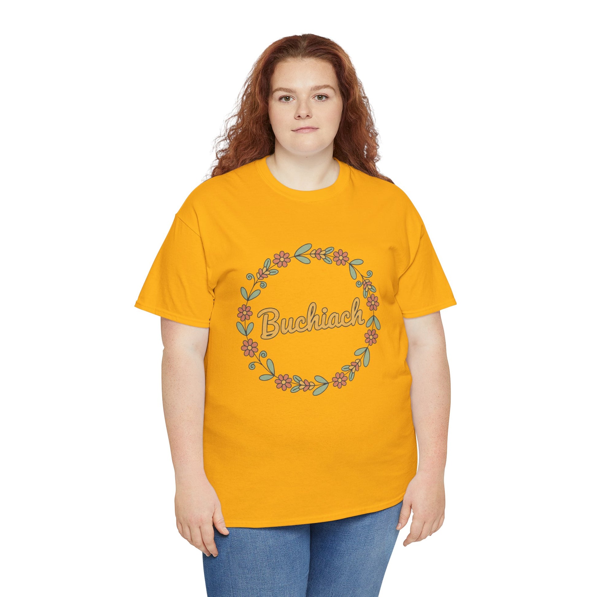 Buchiach Floral Wreath T-Shirt — Retro Script Garden Tee Printify