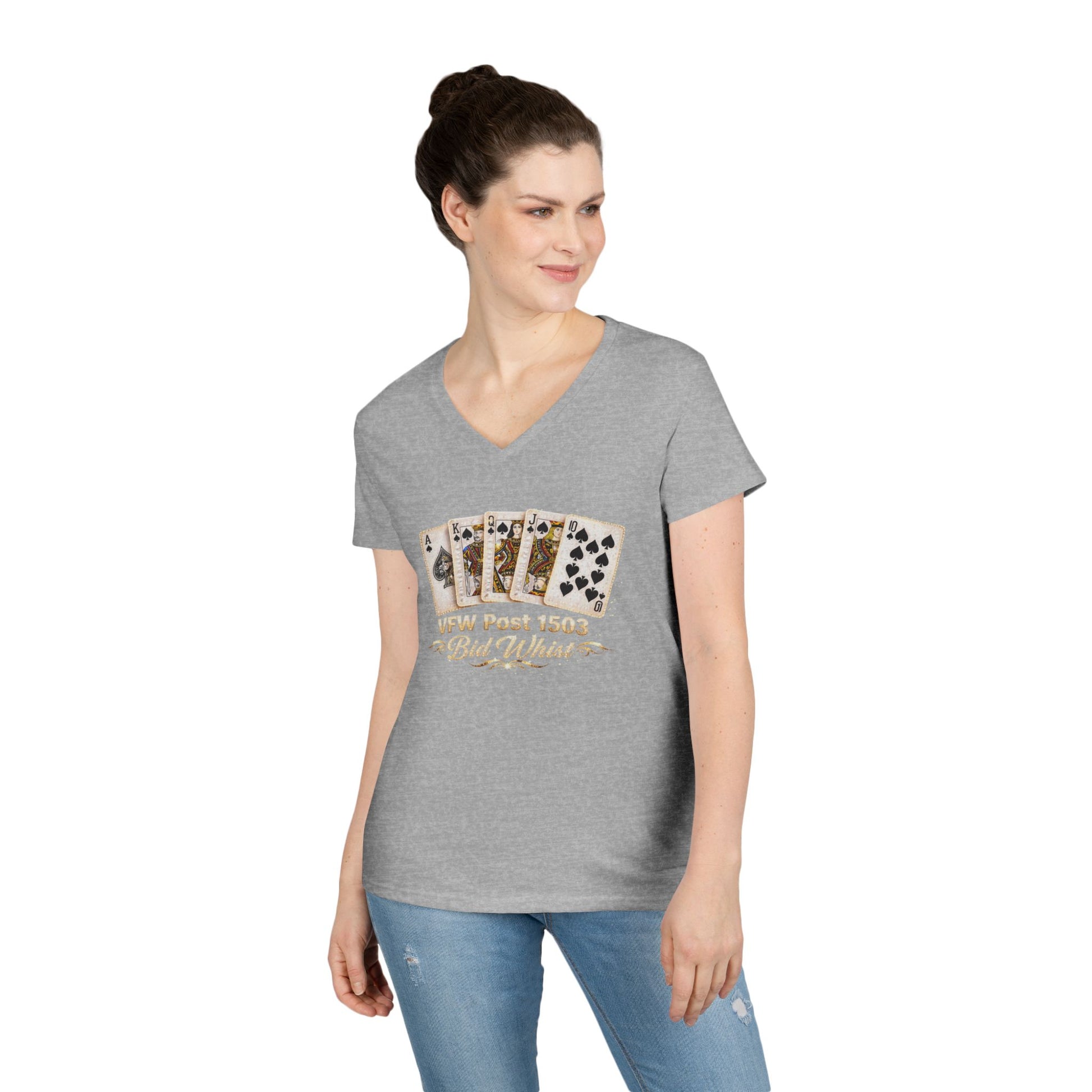 Ladies' V-Neck T-Shirt — Vintage Playing Cards "VFW Post 1503" Graphic Printify
