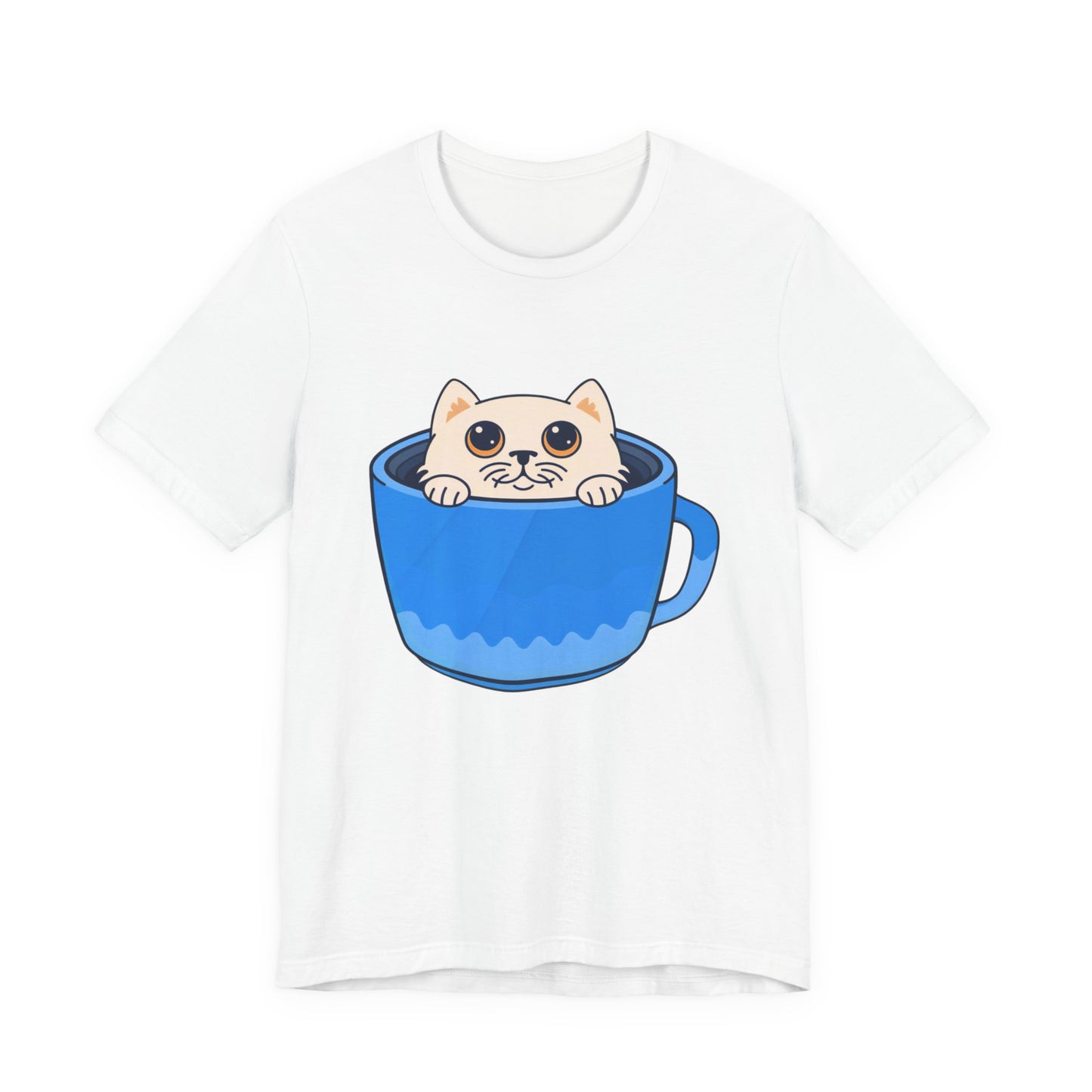 Cat in a Blue Mug T‑Shirt — Cute Kawaii Kitten Tee