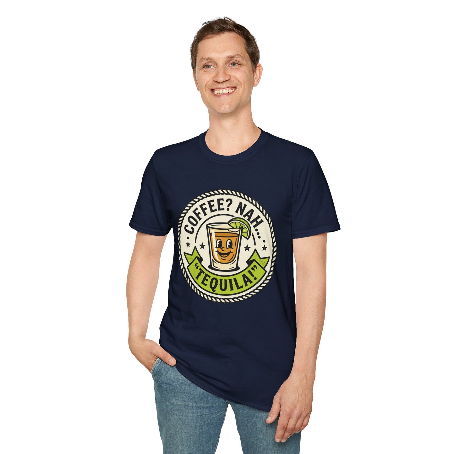Coffee? Nah, Tequila! T-Shirt – Funny Shot Glass Graphic Tee for Party Lovers