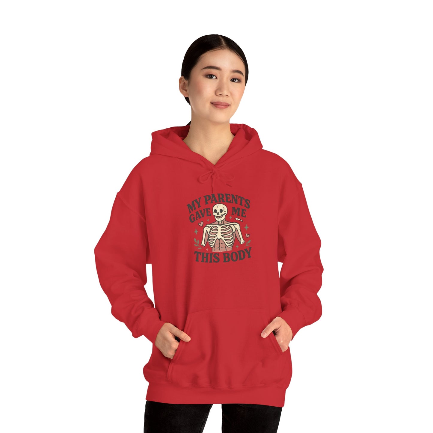 Skeleton Graphic Hoodie — "My Parents Gave Me This Body" Funny Halloween Pullover