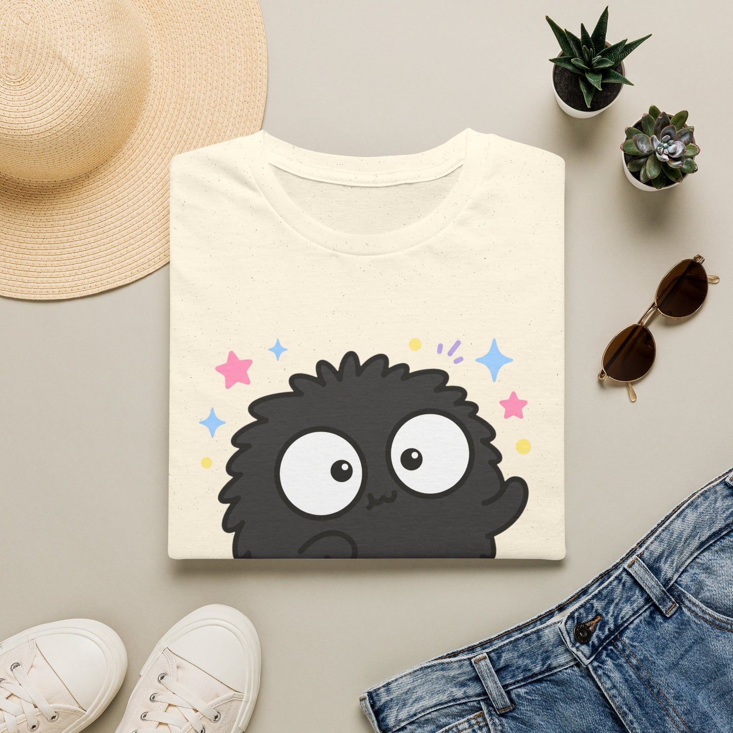 Cute Black Fuzzball T-Shirt — Kawaii Monster Tee with Stars