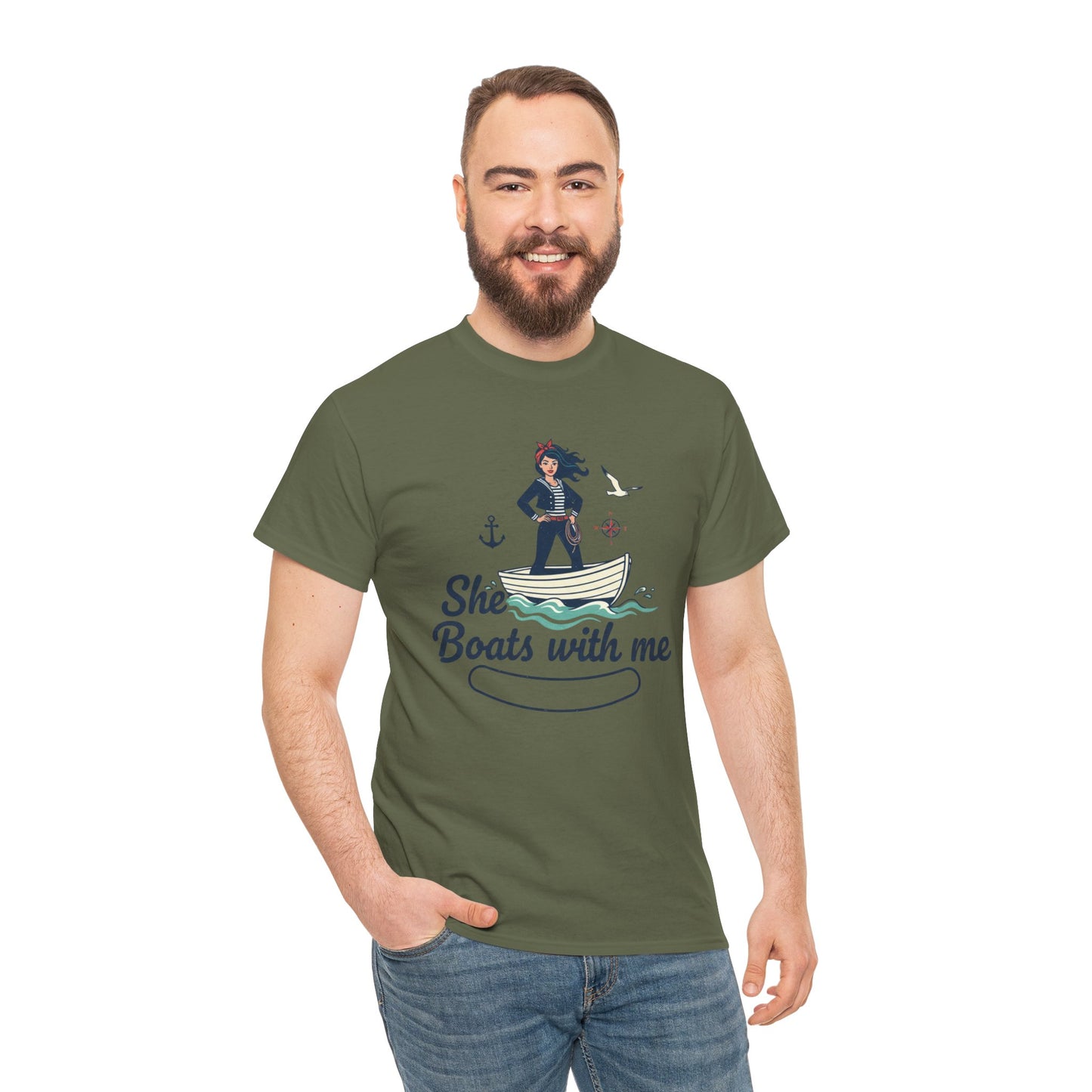 T-Shirt — "She Boats With Me" Nautical Couple Tee Printify