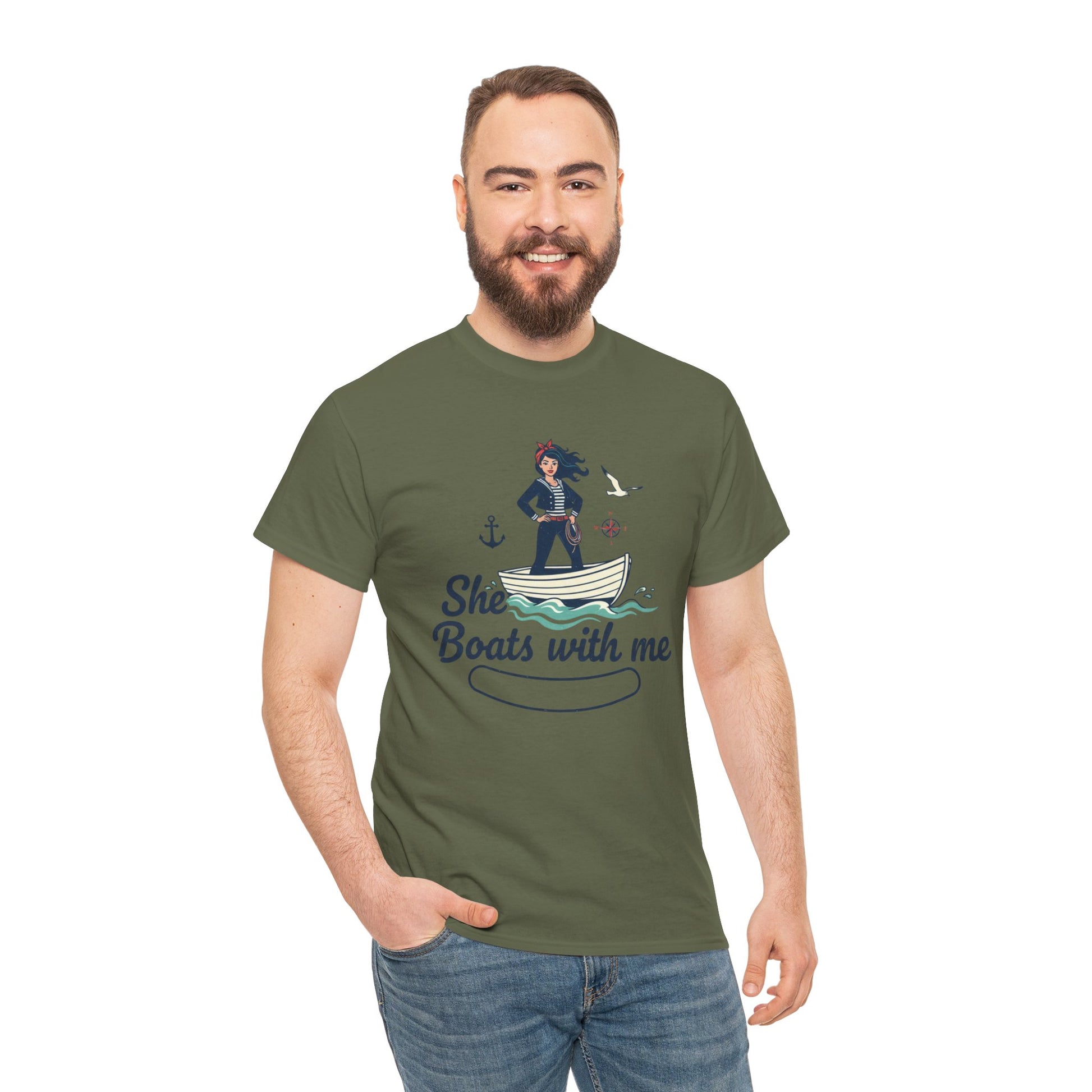 T-Shirt — "She Boats With Me" Nautical Couple Tee Printify
