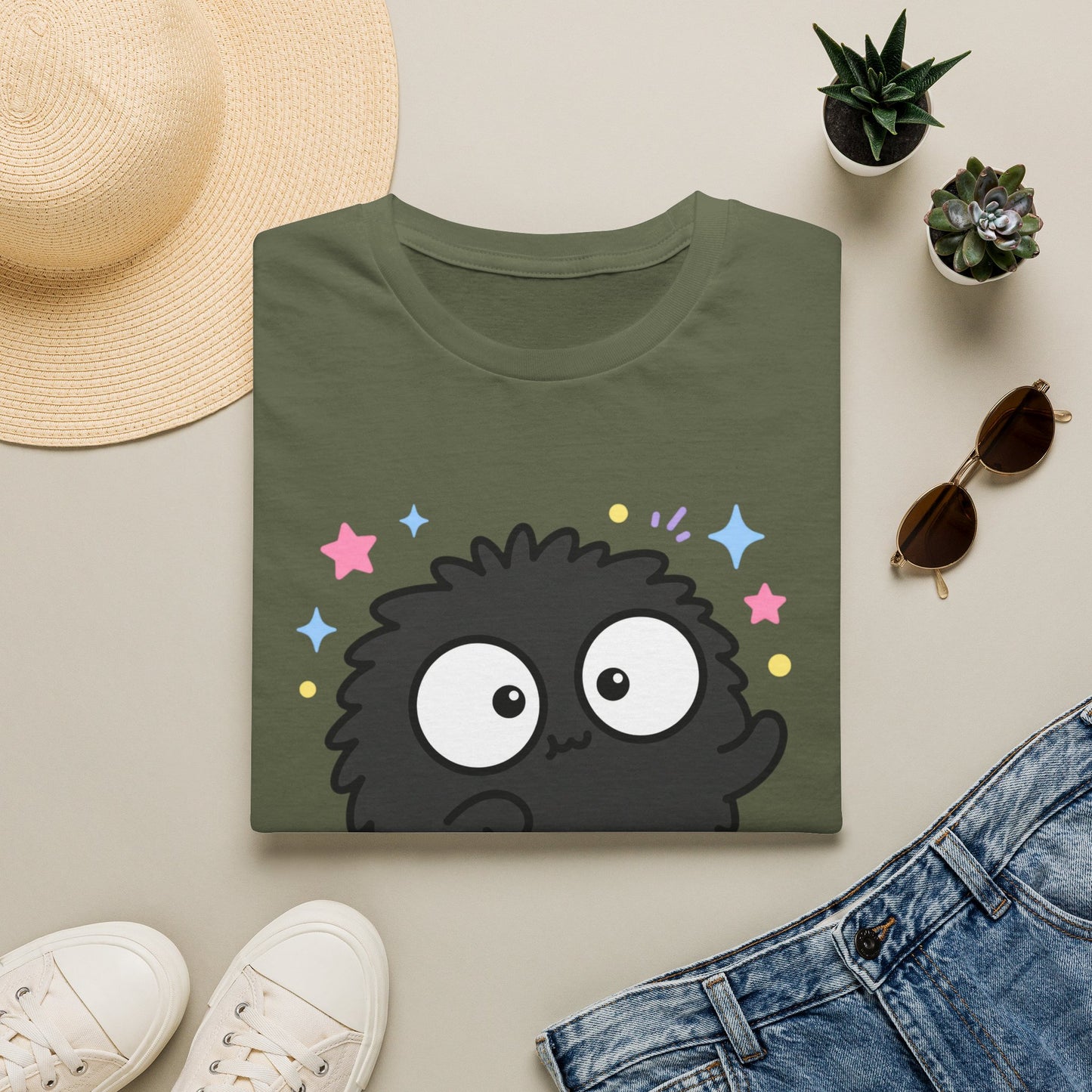 Cute Black Fuzzball T-Shirt — Kawaii Monster Tee with Stars