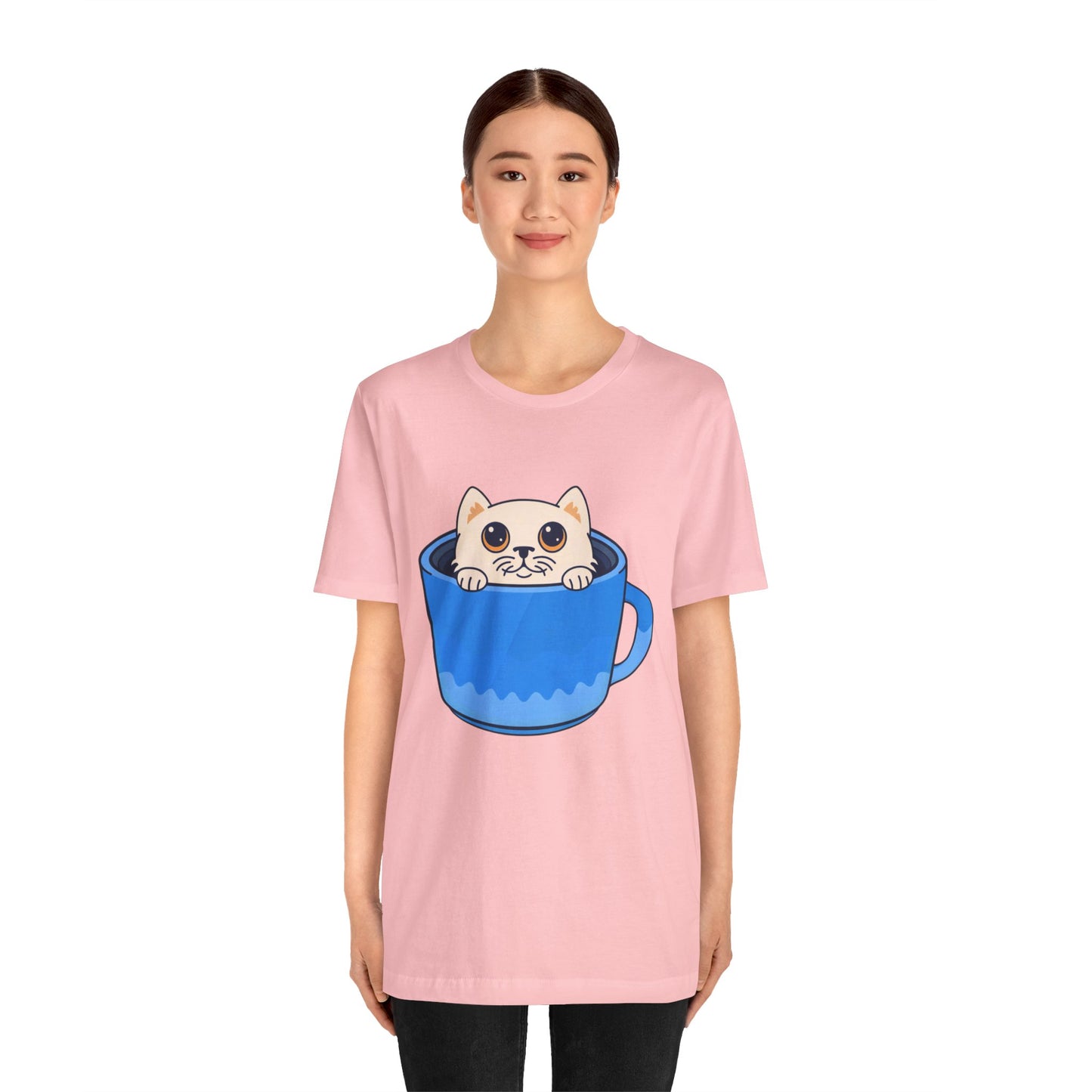 Cat in a Blue Mug T‑Shirt — Cute Kawaii Kitten Tee