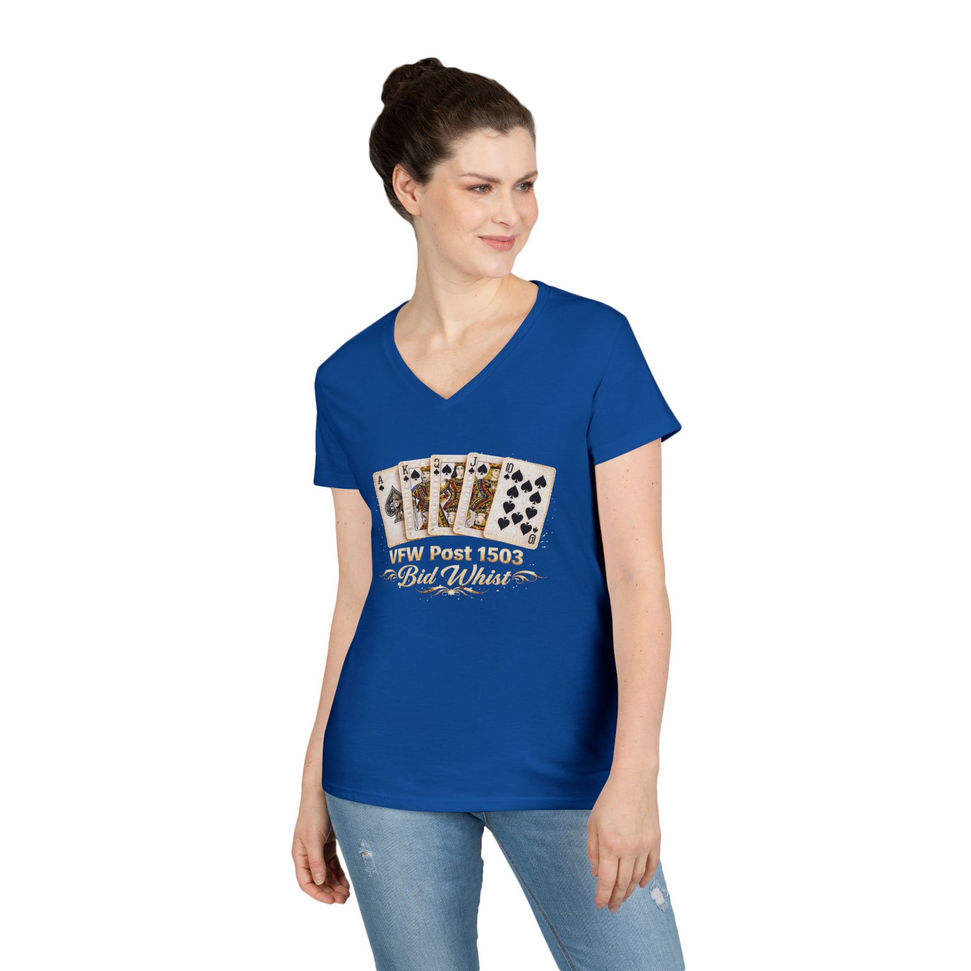 Ladies' V-Neck T-Shirt — Vintage Playing Cards "VFW Post 1503" Graphic Printify