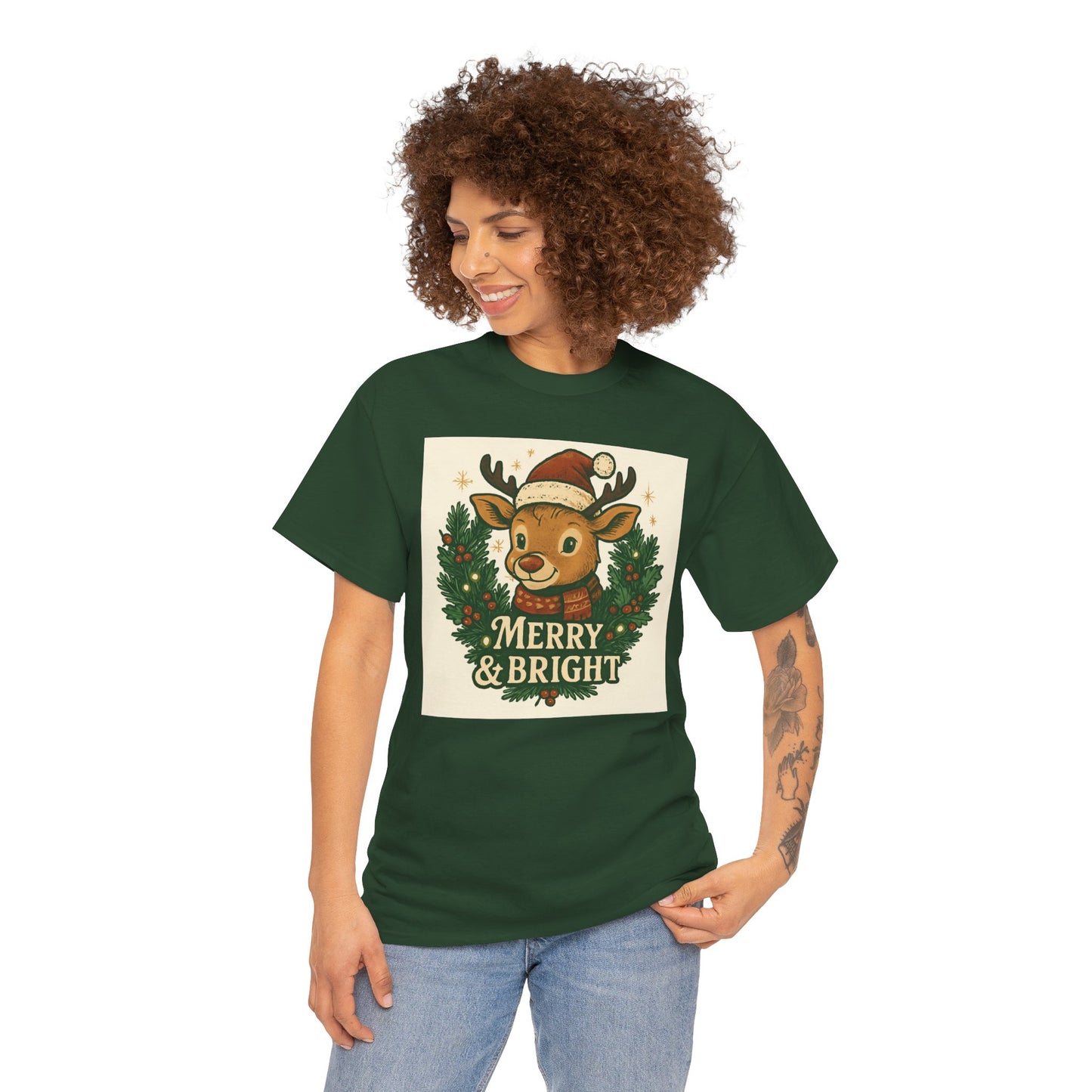 Merry & Bright Reindeer Christmas T-Shirt Printify