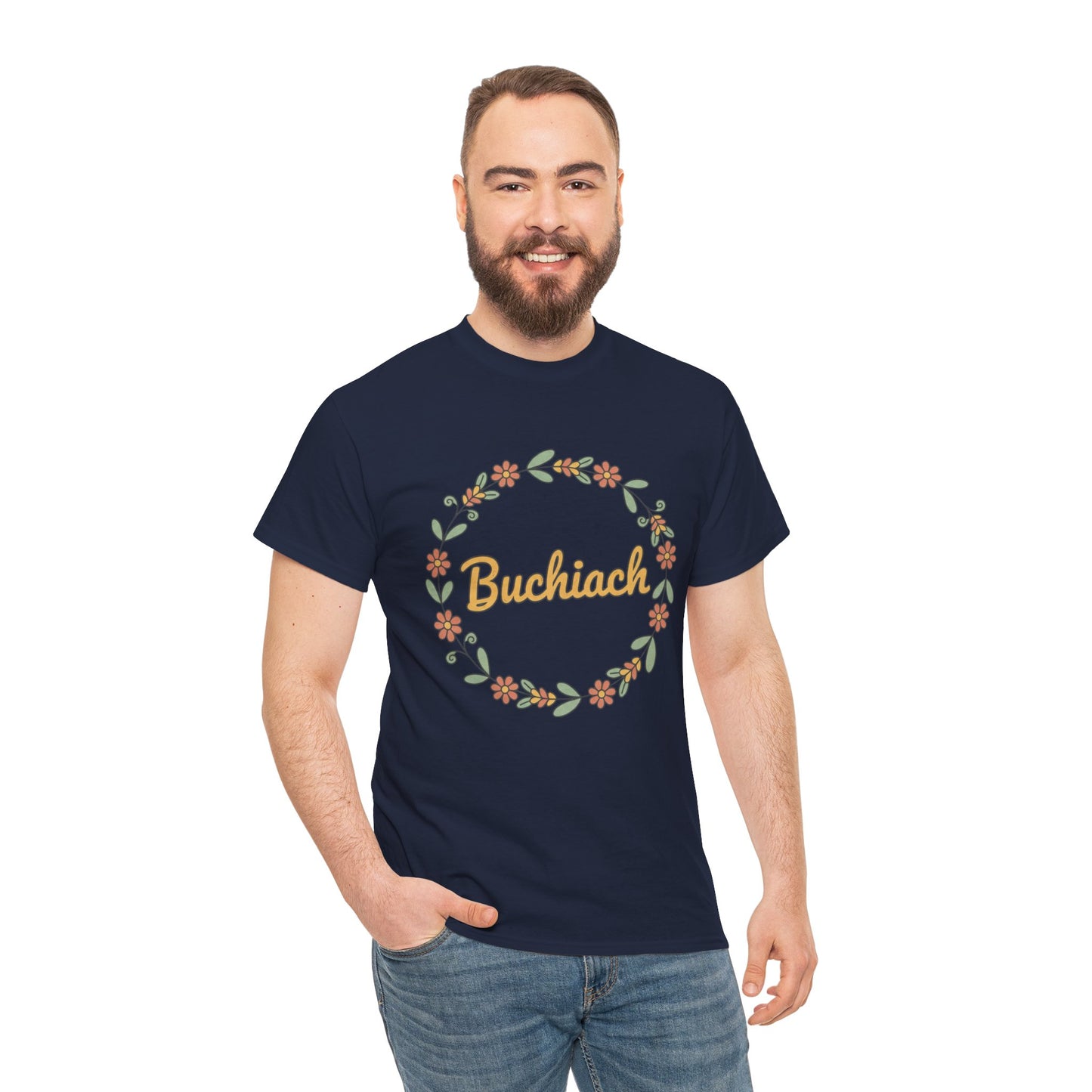 Buchiach Floral Wreath T-Shirt — Retro Script Garden Tee Printify