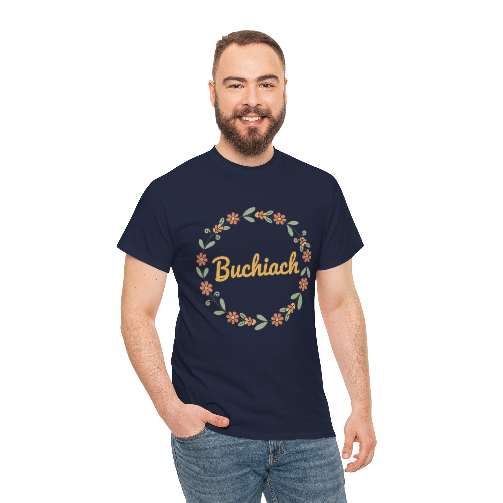 Buchiach Floral Wreath T-Shirt — Retro Script Garden Tee Printify