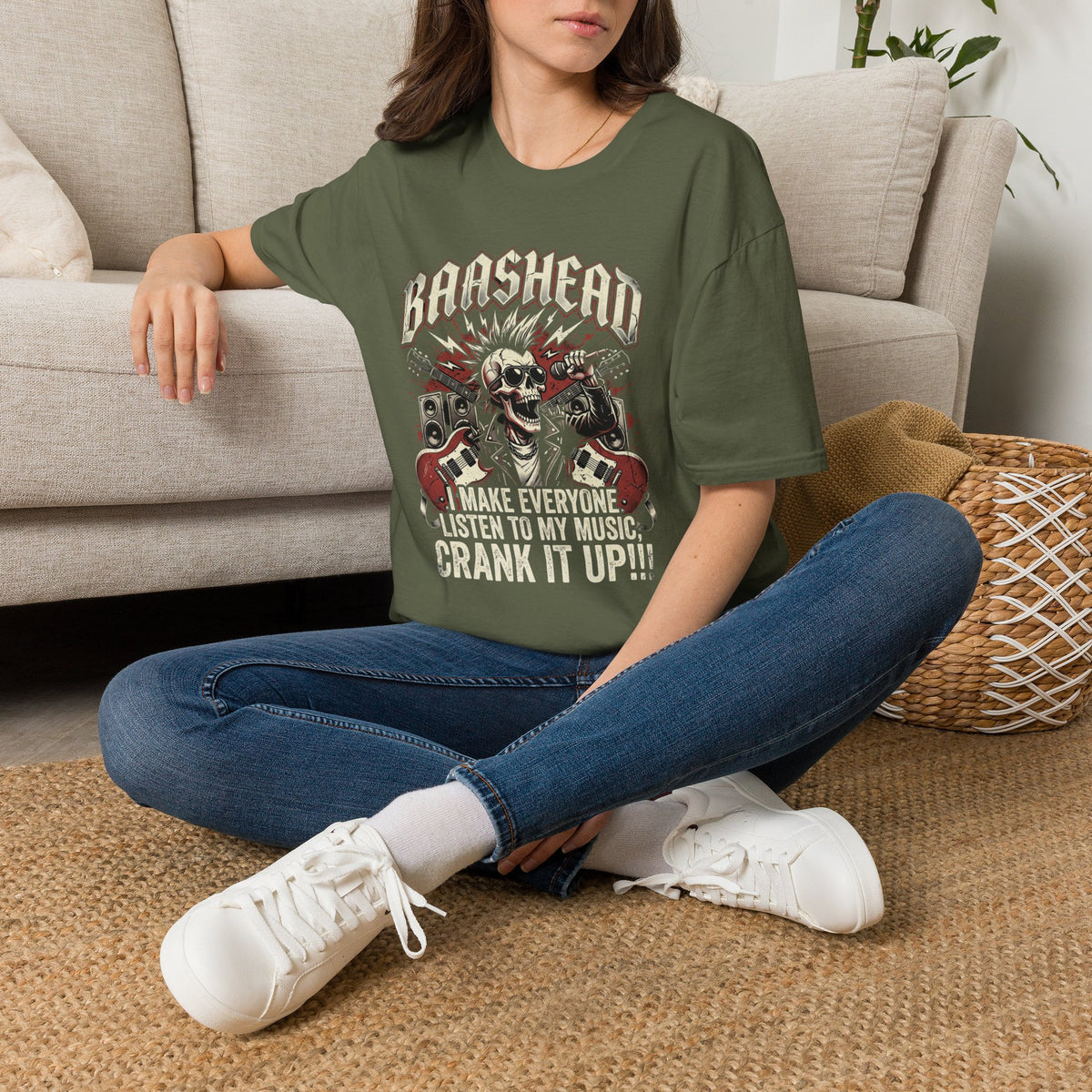 Basshead Skull T-Shirt — “I Make Everyone Listen to My Music, Crank It Up!” Guitar & Speaker Rock Tee