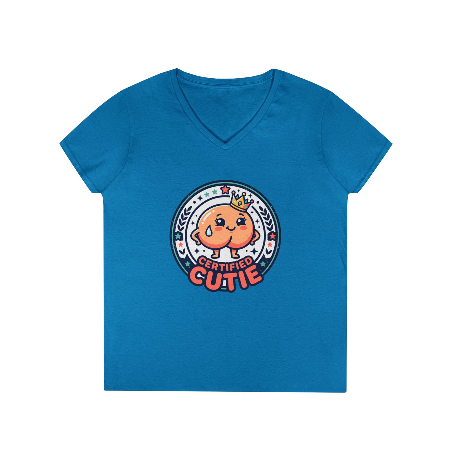 Certified Cutie V-Neck T-Shirt — Cute Cartoon Badge Graphic Tee for Women Printify