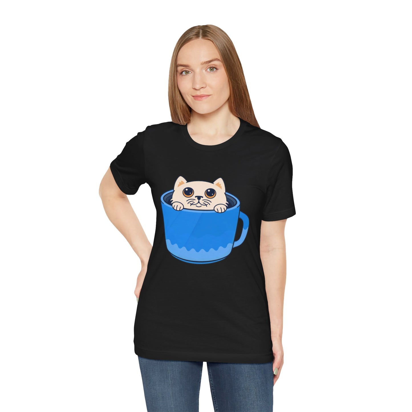 Cat in a Blue Mug T‑Shirt — Cute Kawaii Kitten Tee