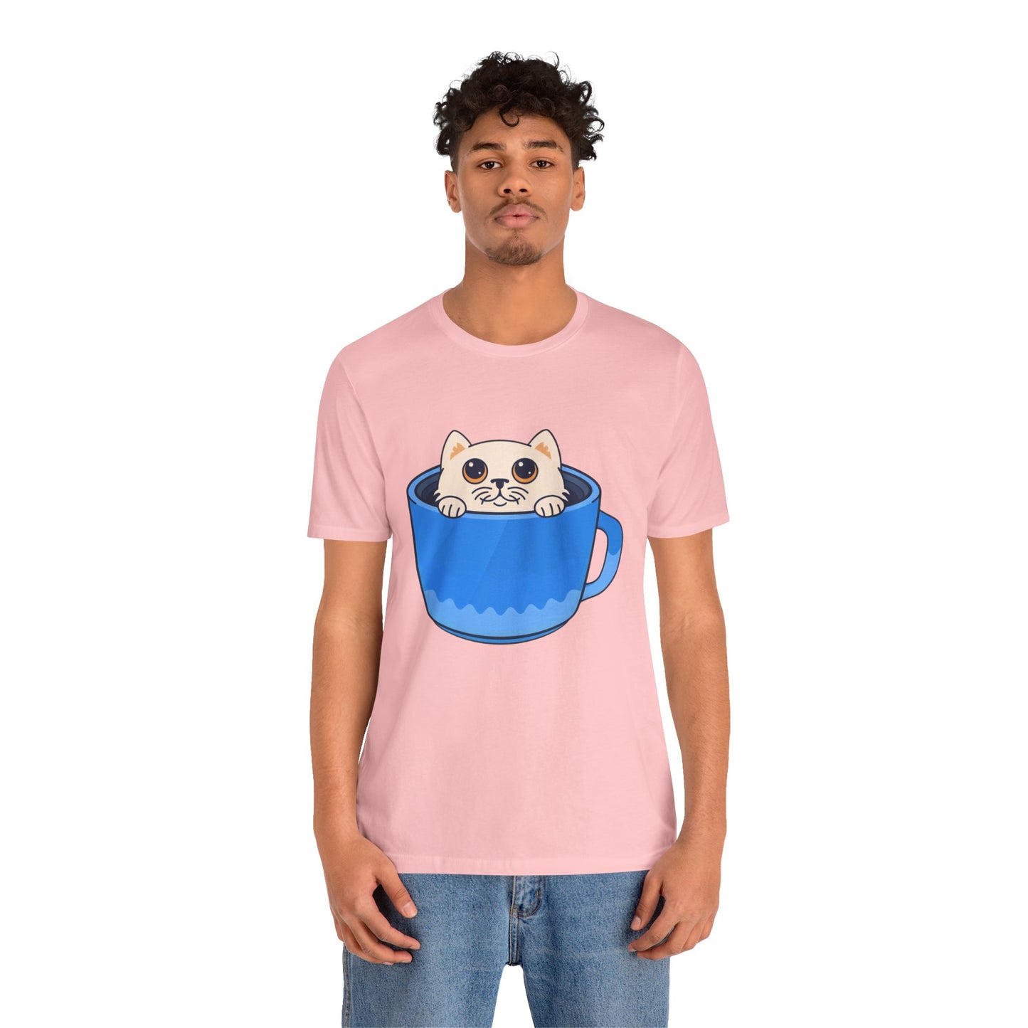Cat in a Blue Mug T‑Shirt — Cute Kawaii Kitten Tee