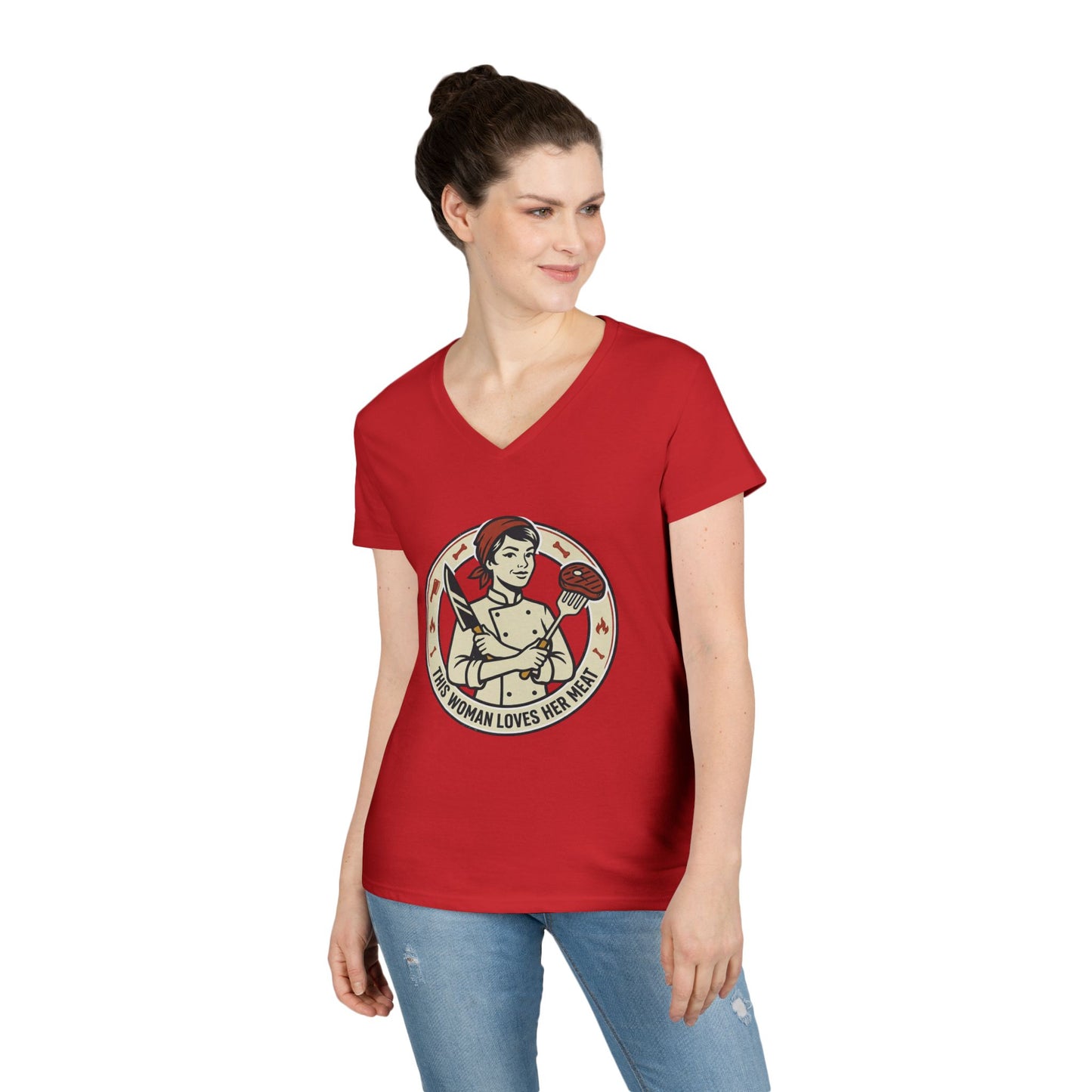 Ladies' V-Neck T-Shirt — "This Woman Loves Her Meat" Chef Graphic Tee