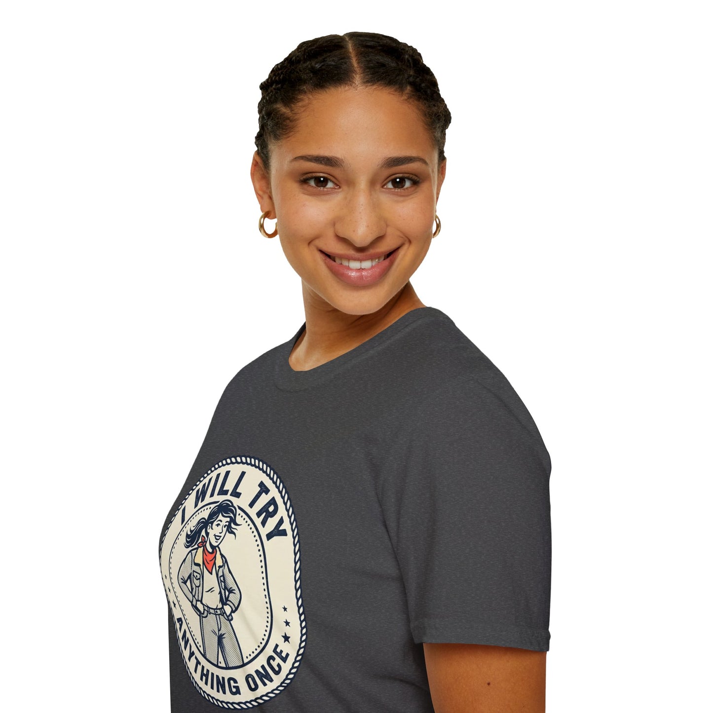 I Will Try Anything Once T-Shirt — Retro Adventurous Vintage Badge Tee