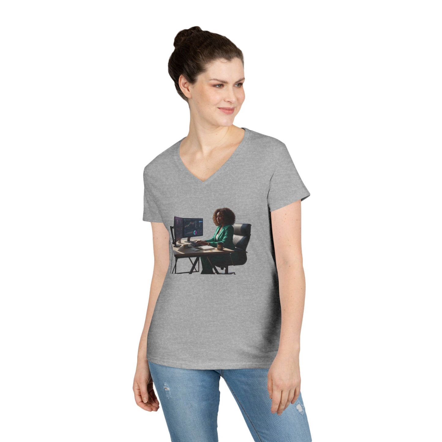 Programmer at Work V-Neck Tee — Female Coder Graphic Shirt
