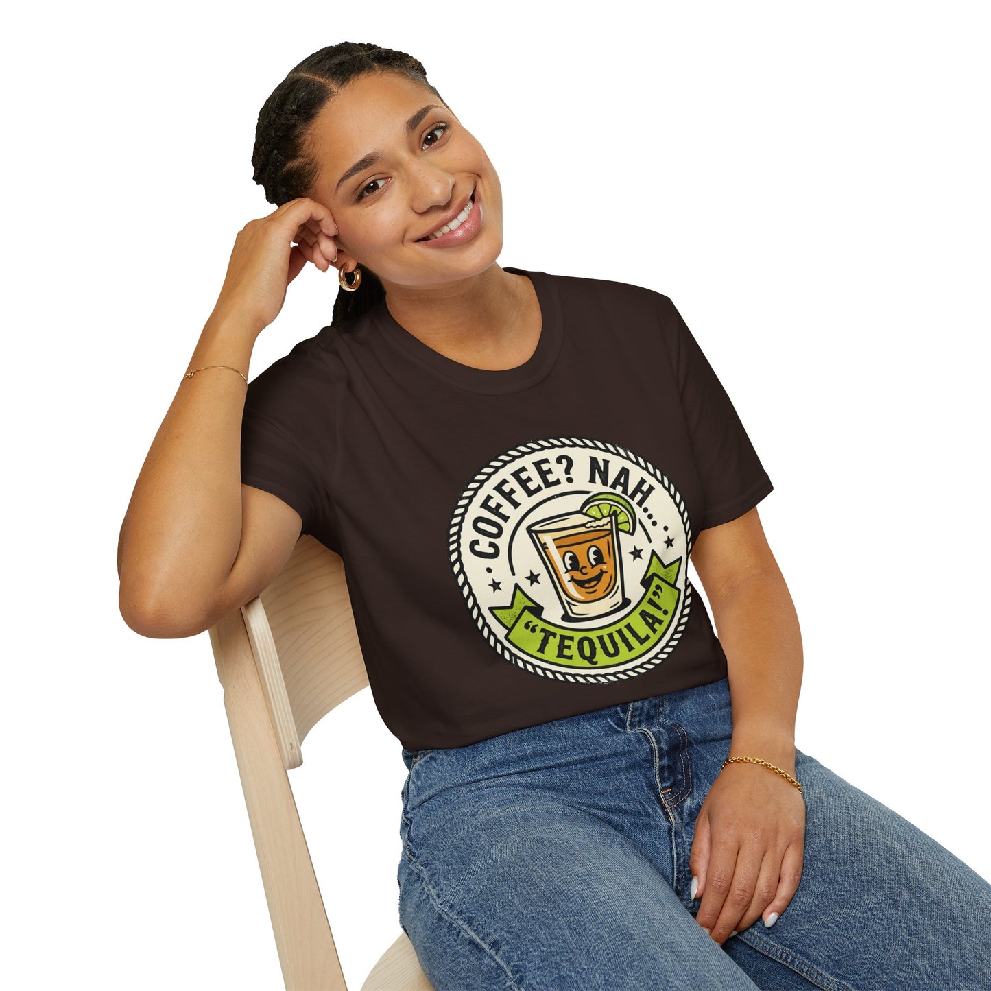 Coffee? Nah, Tequila! T-Shirt – Funny Shot Glass Graphic Tee for Party Lovers