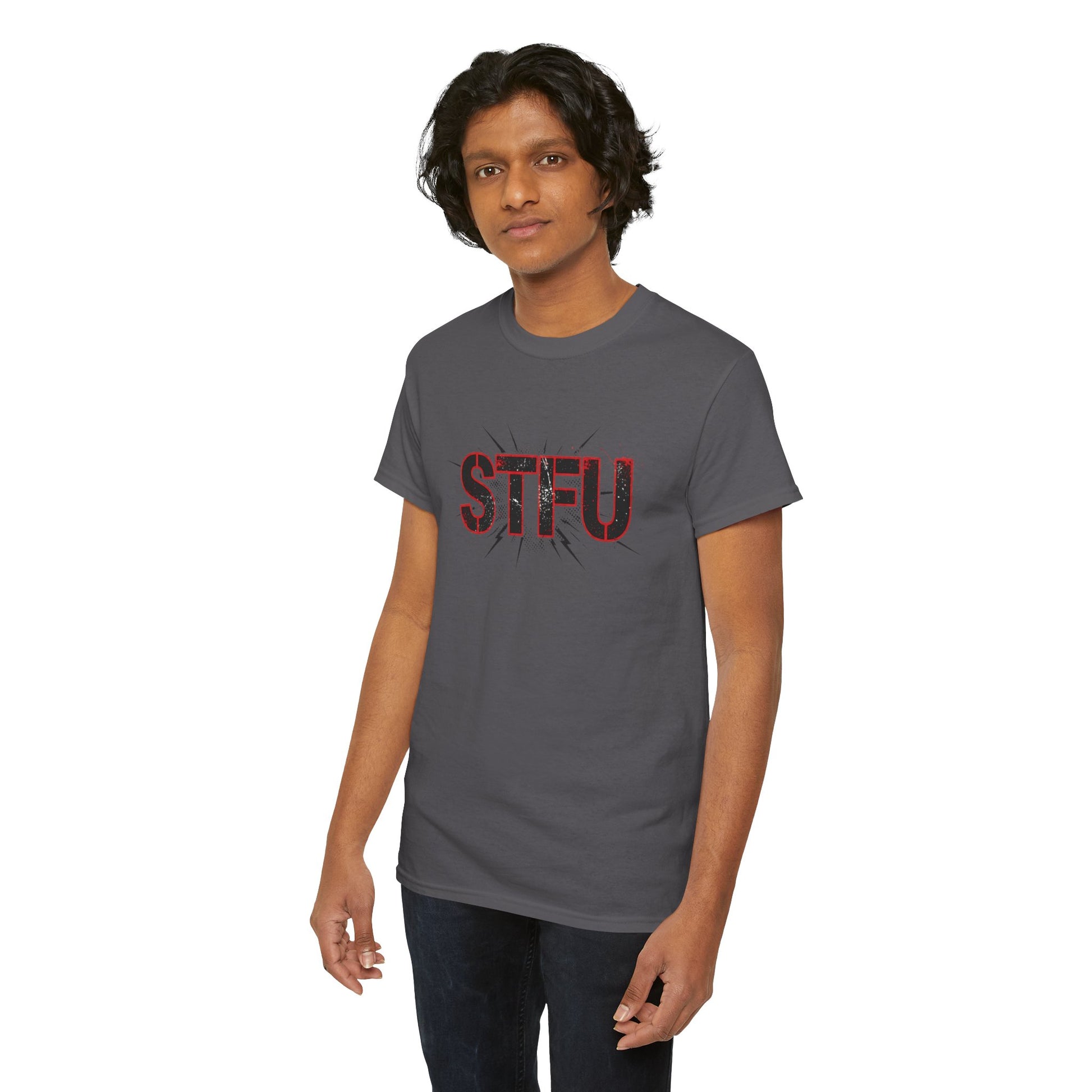 STFU Graphic Tee — Bold Distressed Text Shirt for Statement Style Printify