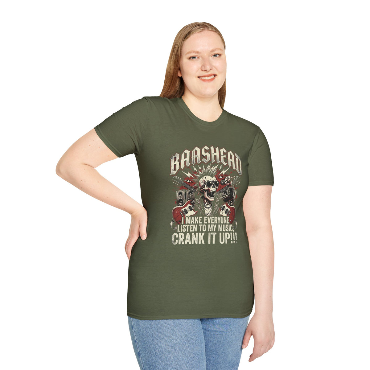 Basshead Skull T-Shirt — “I Make Everyone Listen to My Music, Crank It Up!” Guitar & Speaker Rock Tee