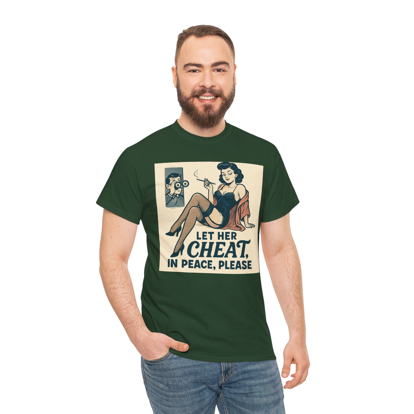 T-Shirt — Vintage Pinup “Let Her Cheat in Peace, Please” Graphic Tee