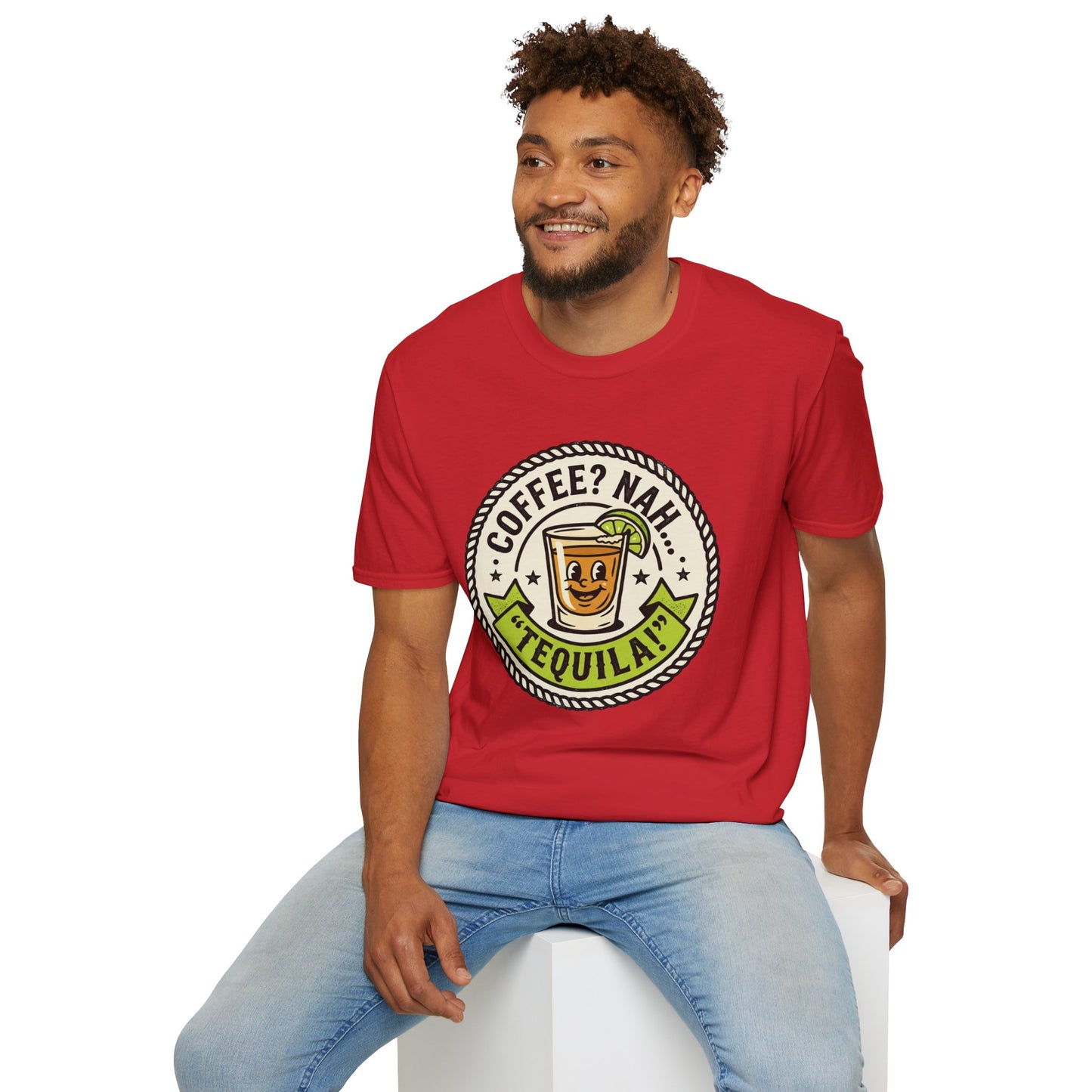 Coffee? Nah, Tequila! T-Shirt – Funny Shot Glass Graphic Tee for Party Lovers