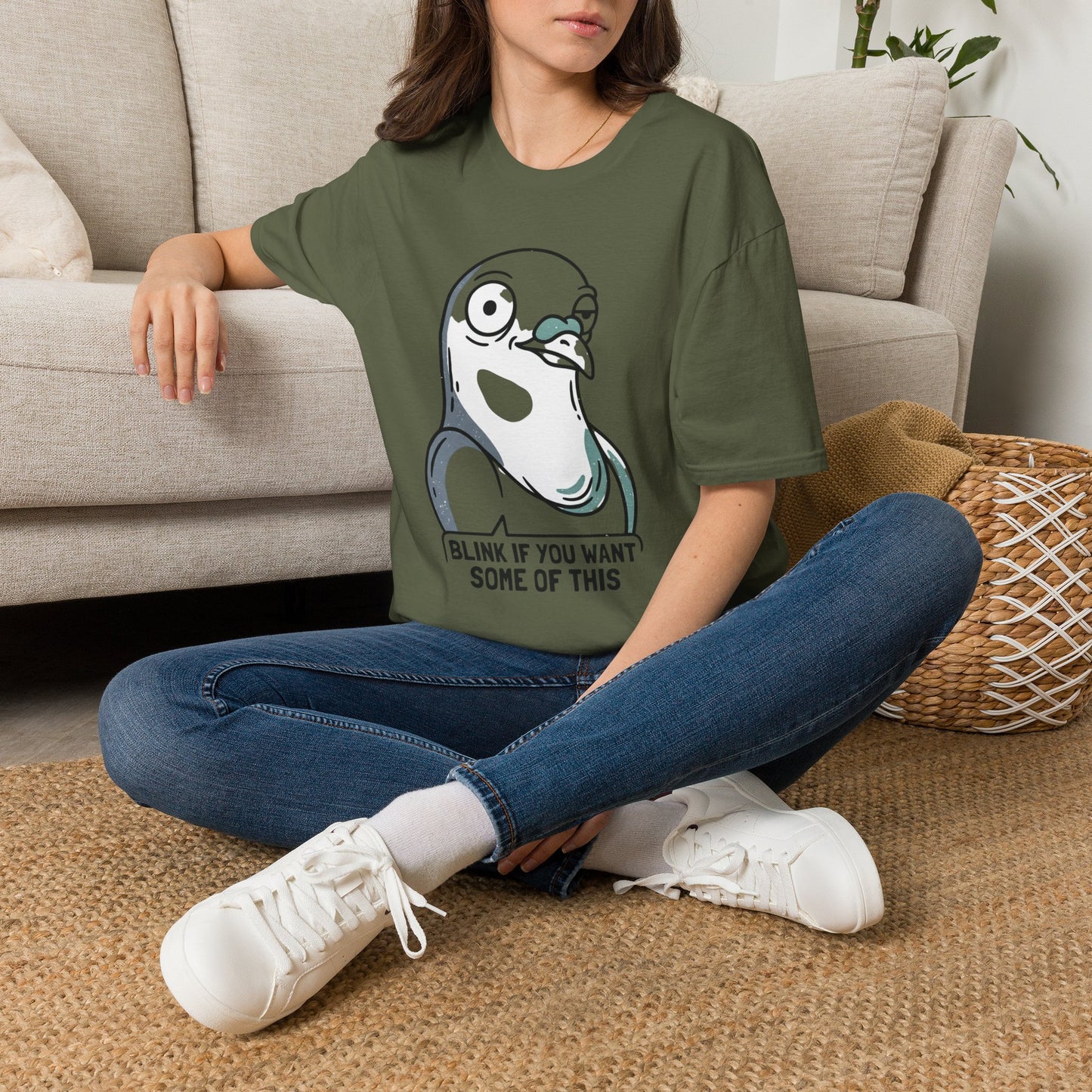 Pigeon Meme T‑Shirt — “Blink If You Want Some Of This” Funny Graphic Tee