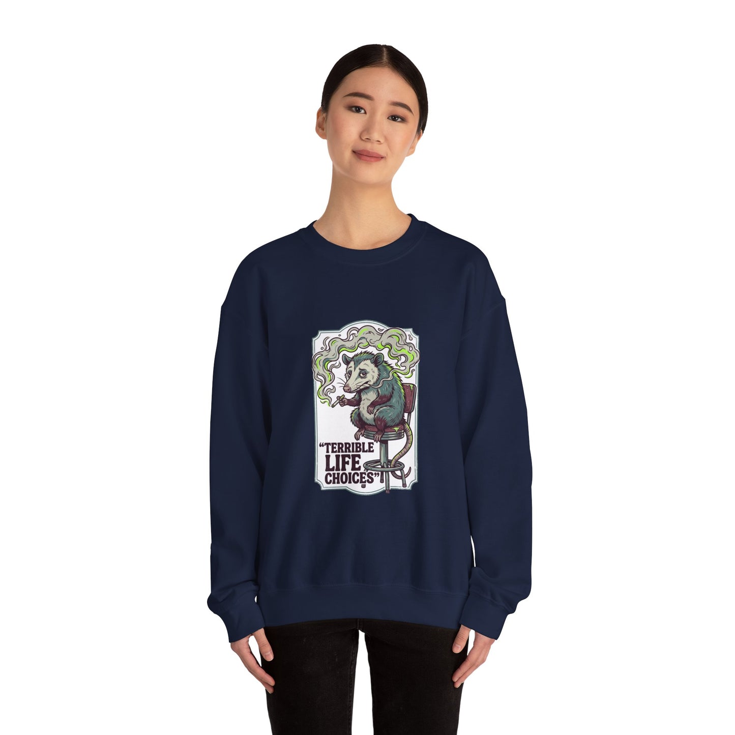 Terrible Life Choices opossum smoking sweatshirt | absurdist animal, ironic alt meme