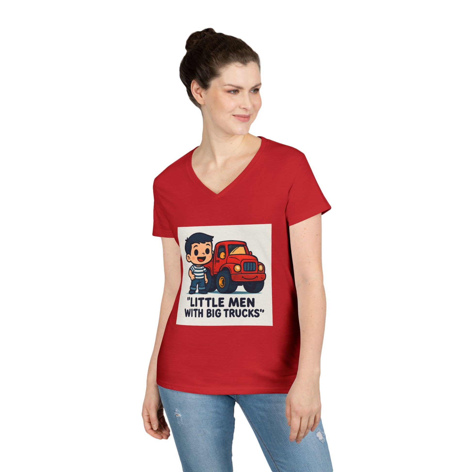 Ladies' V-Neck T-Shirt — "Little Men with Big Trucks" Cute Retro Truck Tee for Kids & Moms Printify